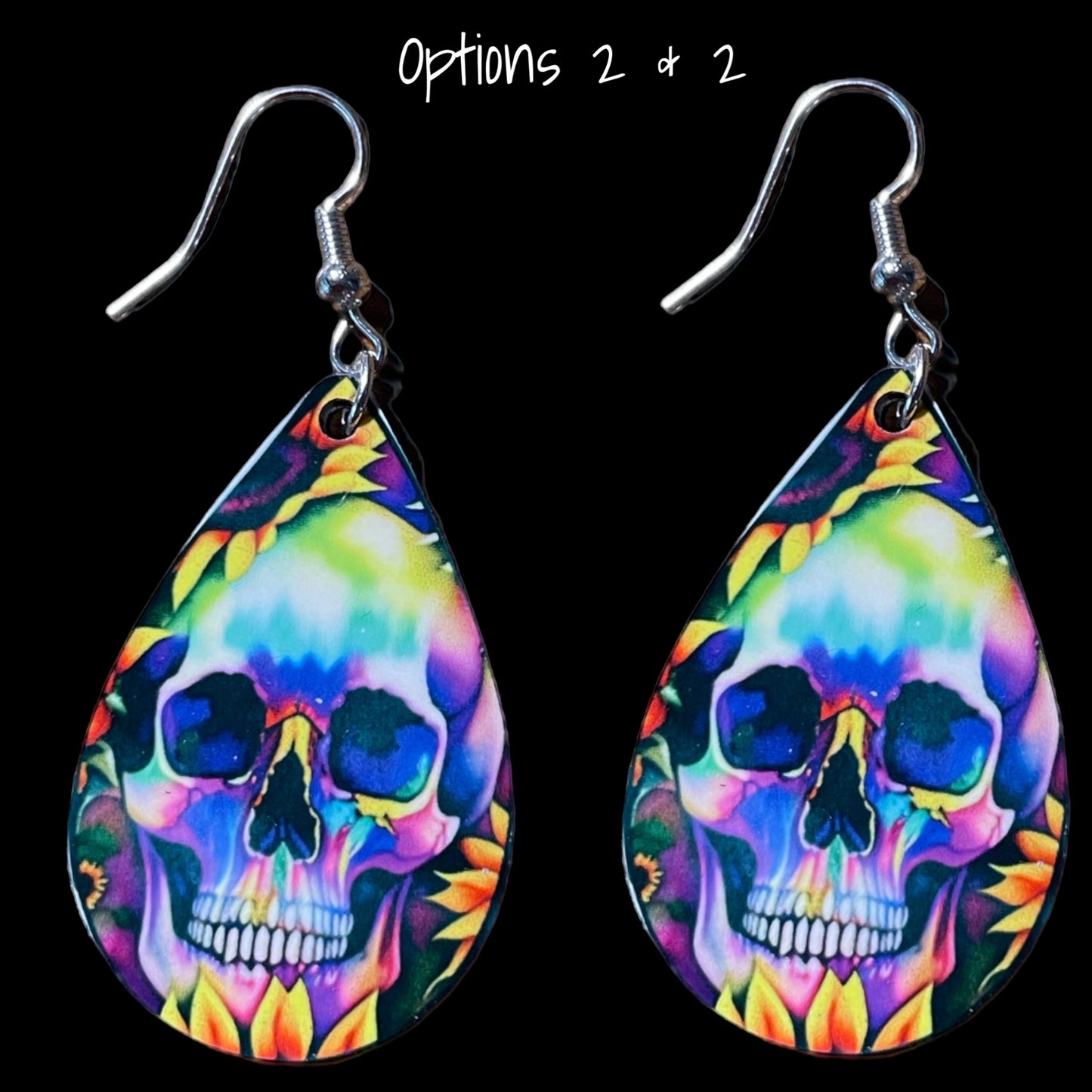 Customizable Skull and Sunflower Teardrop Earrings