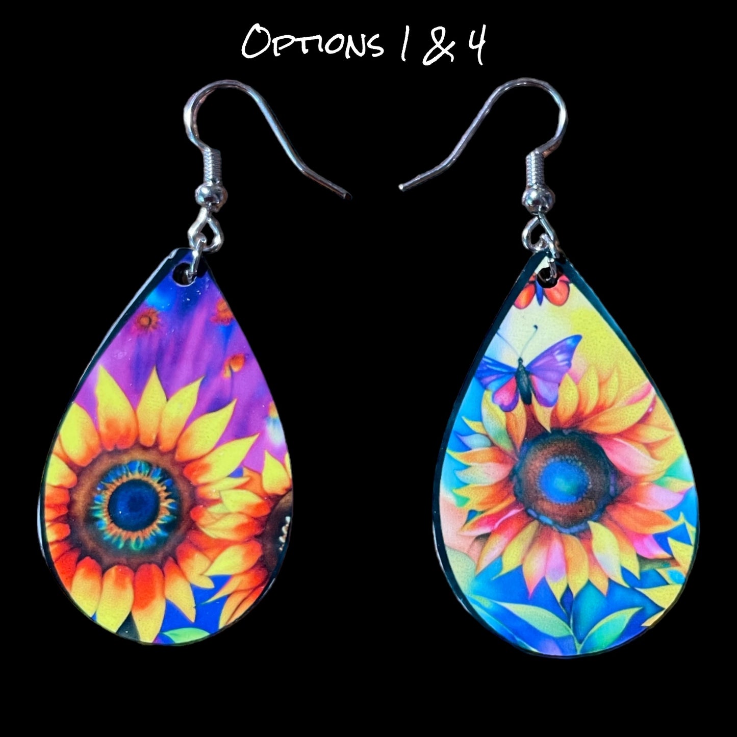 Customizable Sunflower and Butterfly Teardrop Earrings