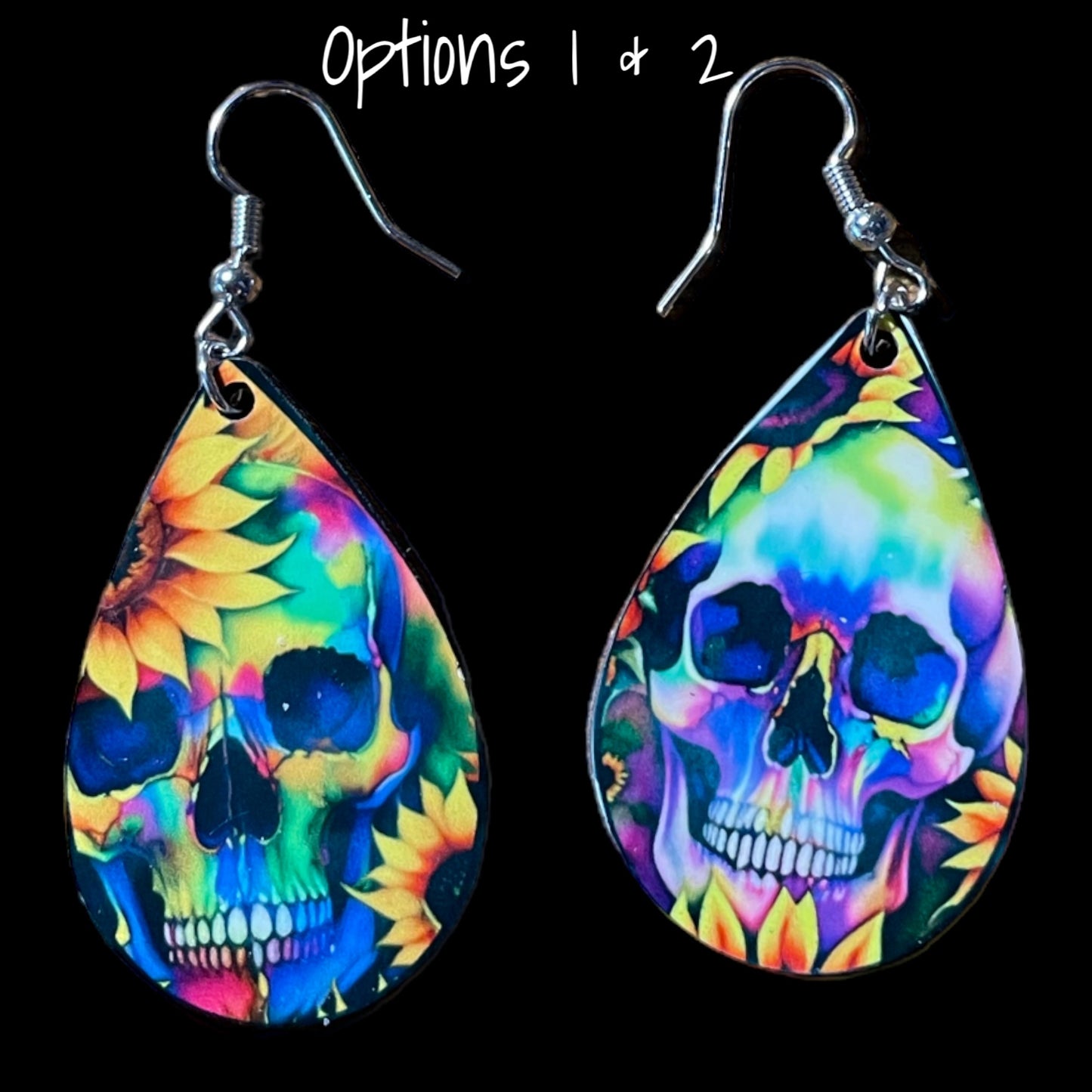 Customizable Skull and Sunflower Teardrop Earrings