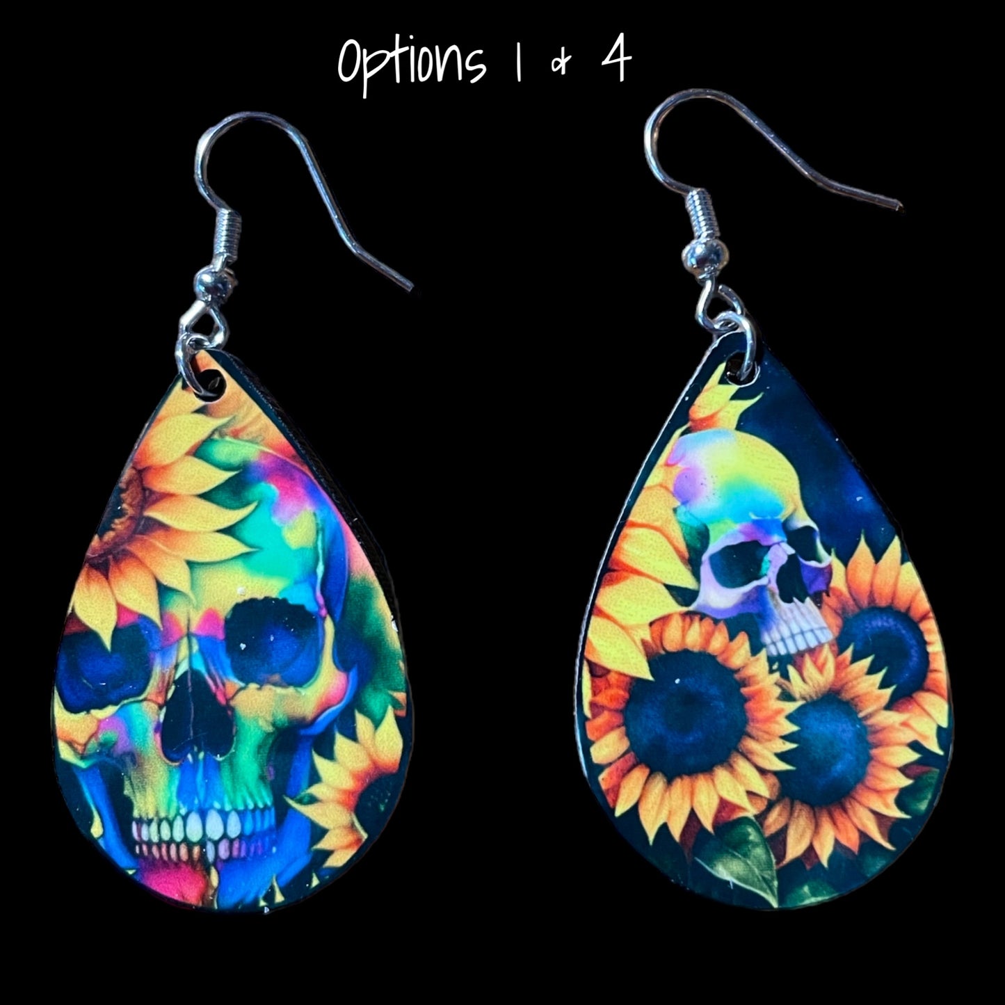 Customizable Skull and Sunflower Teardrop Earrings