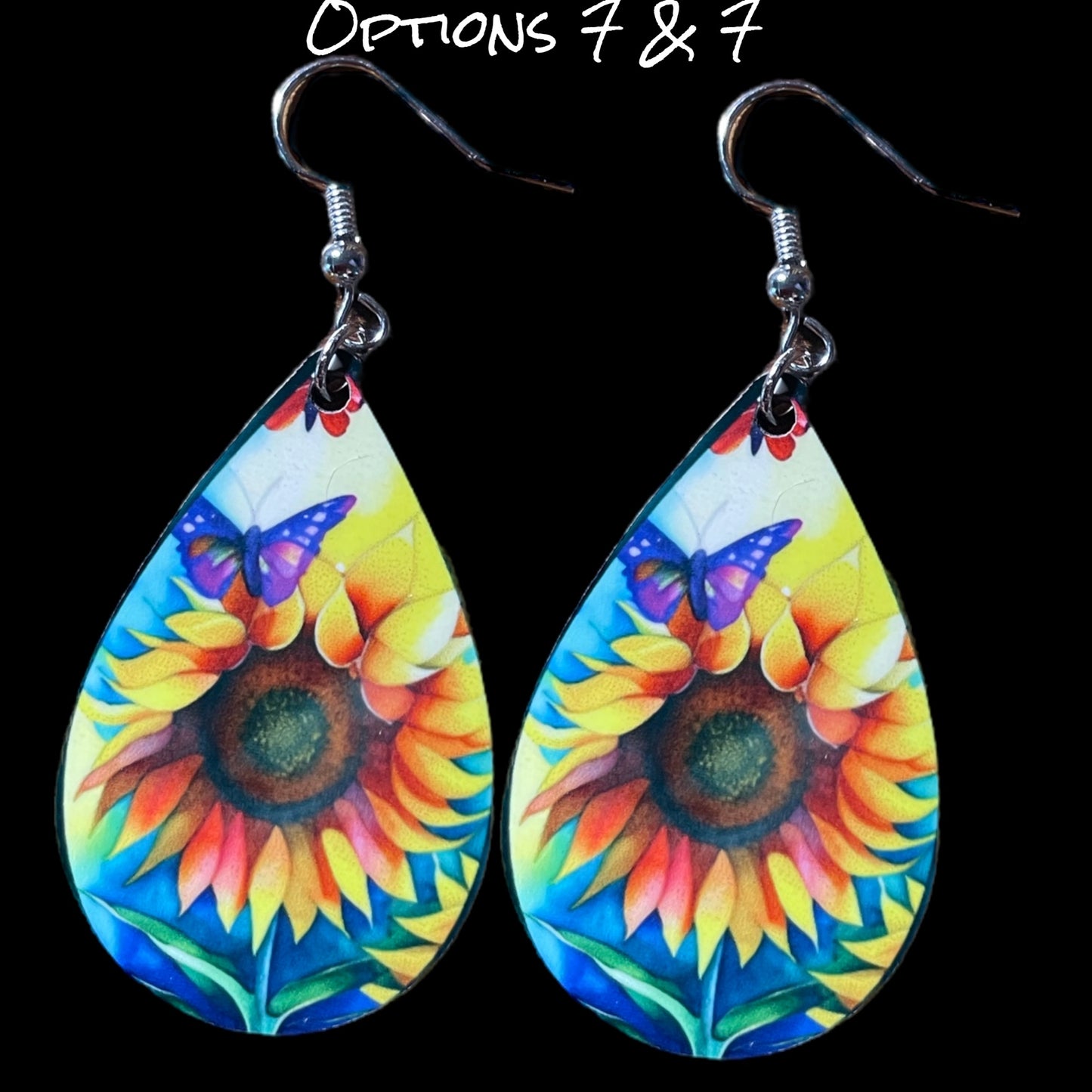 Customizable Sunflower and Butterfly Teardrop Earrings