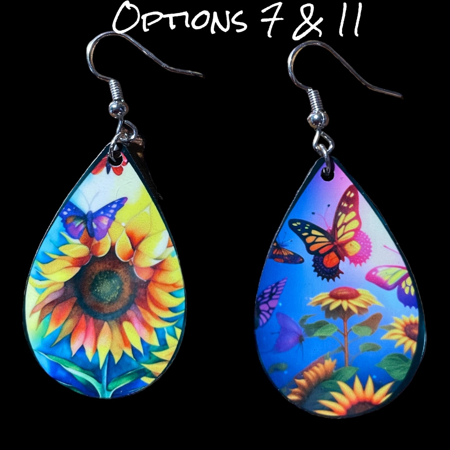 Customizable Sunflower and Butterfly Teardrop Earrings