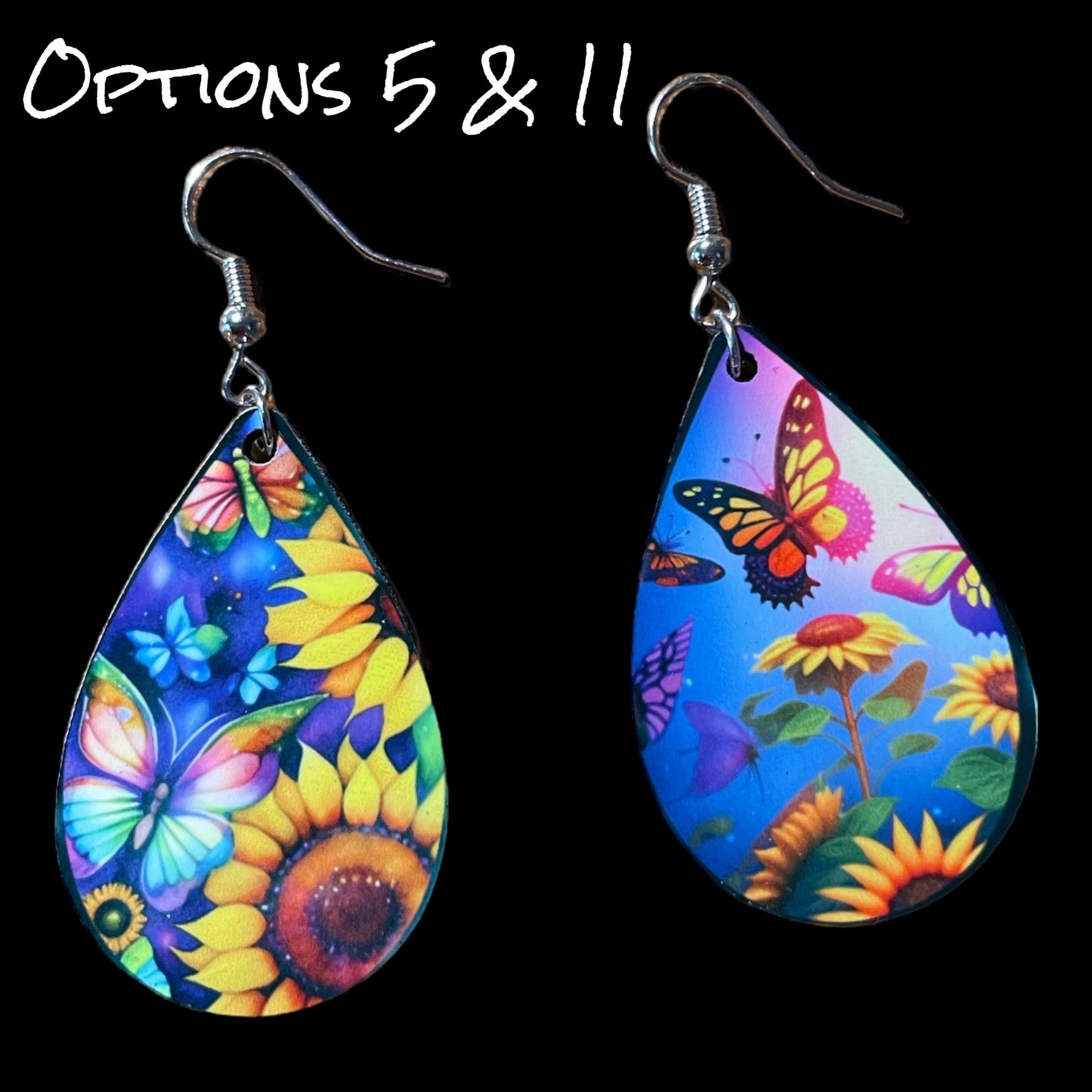 Customizable Sunflower and Butterfly Teardrop Earrings