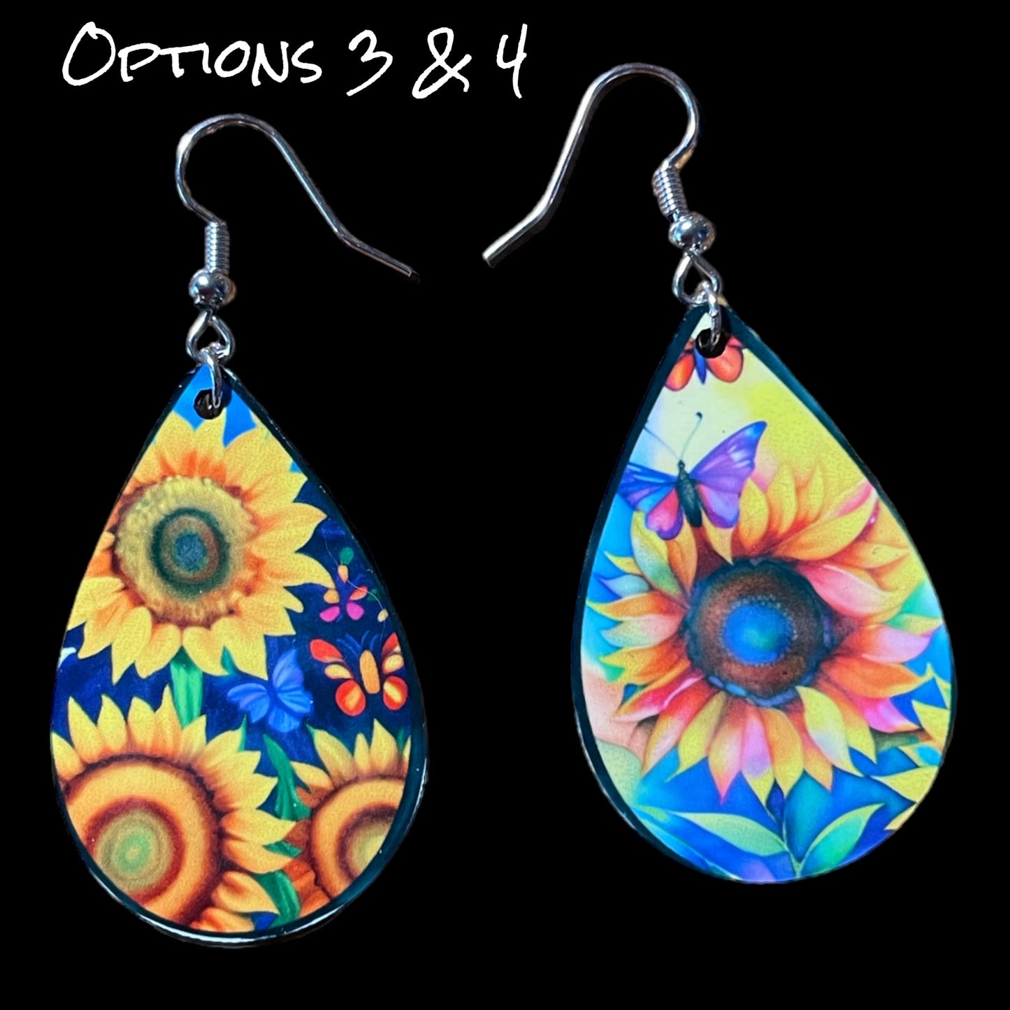 Customizable Sunflower and Butterfly Teardrop Earrings