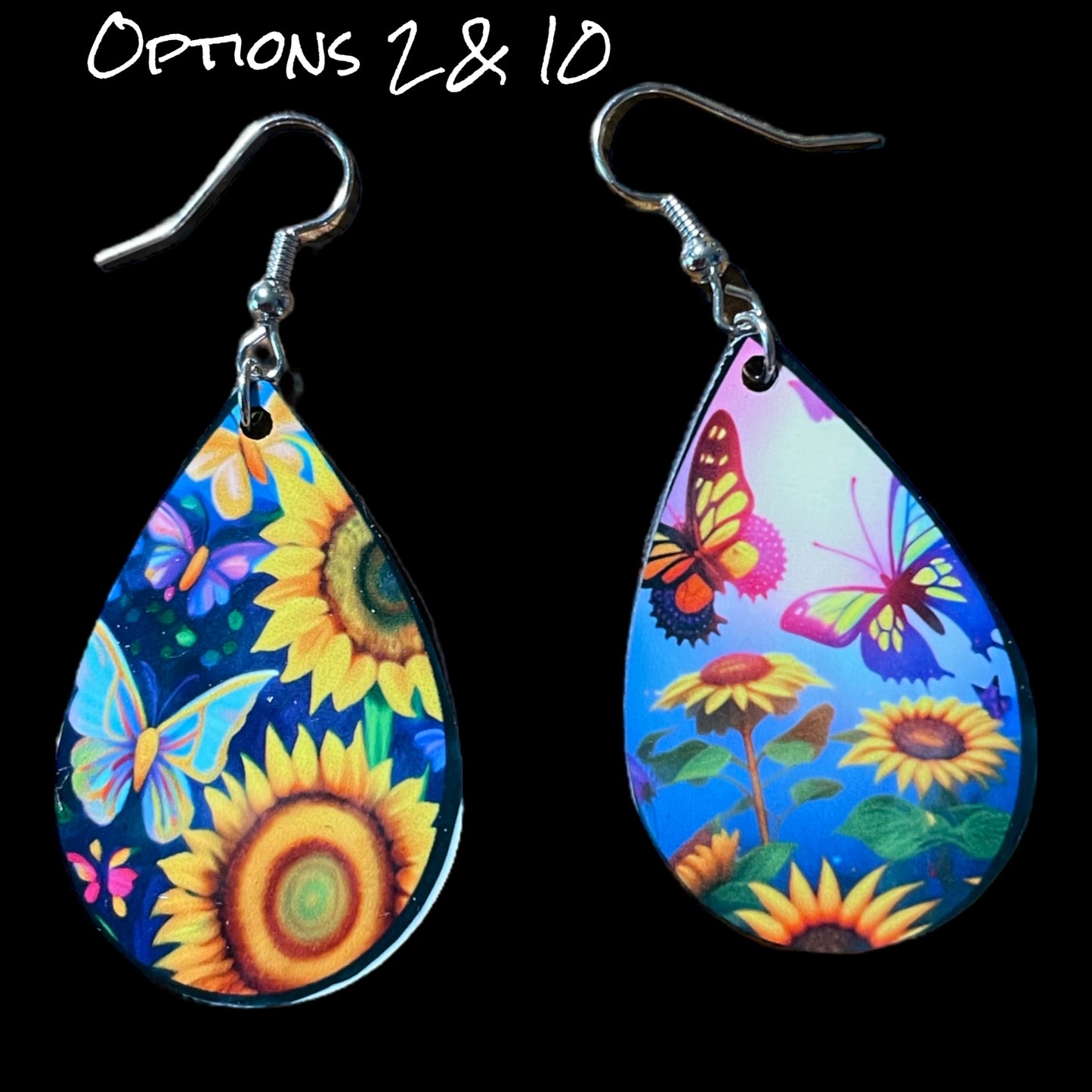 Customizable Sunflower and Butterfly Teardrop Earrings