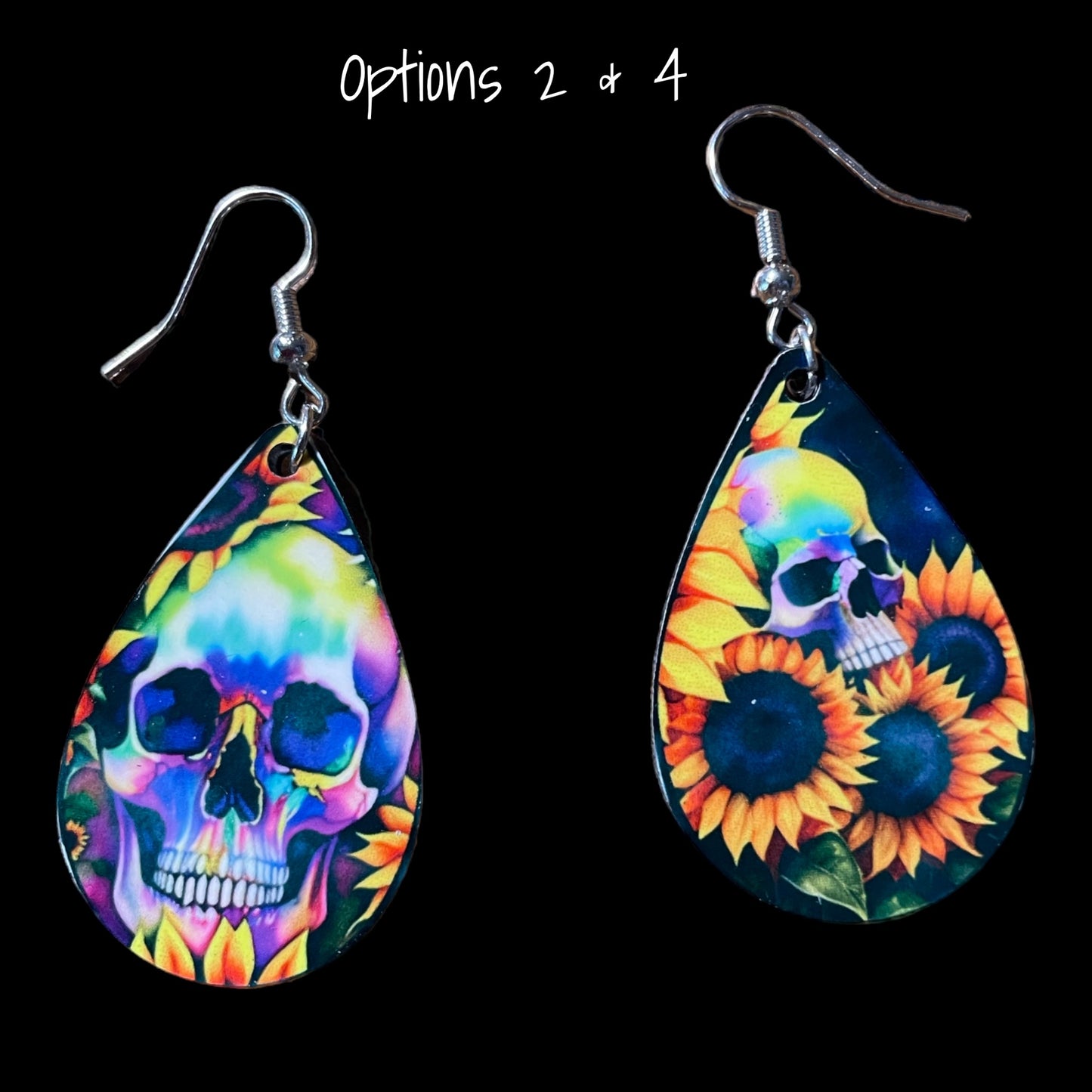 Customizable Skull and Sunflower Teardrop Earrings