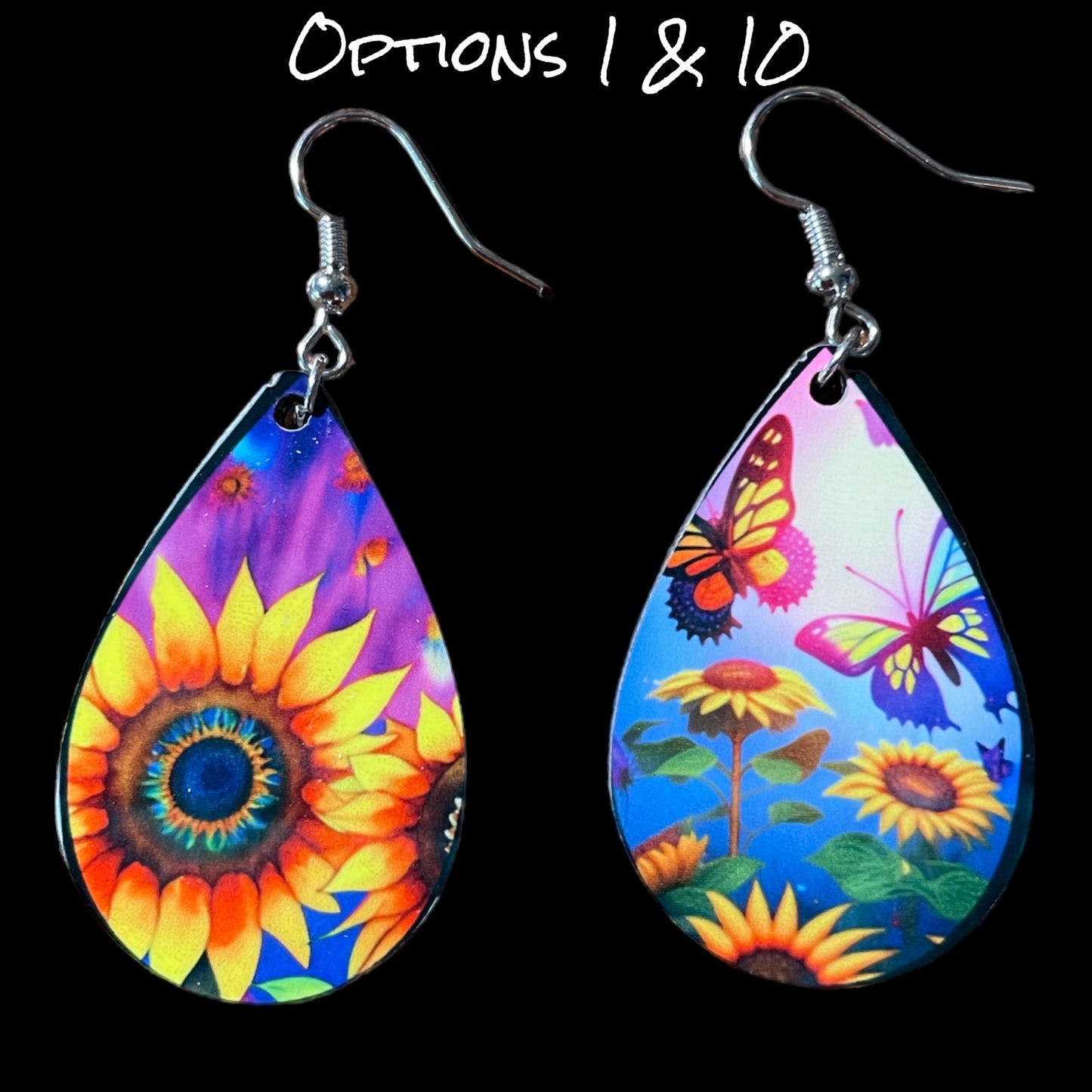 Customizable Sunflower and Butterfly Teardrop Earrings