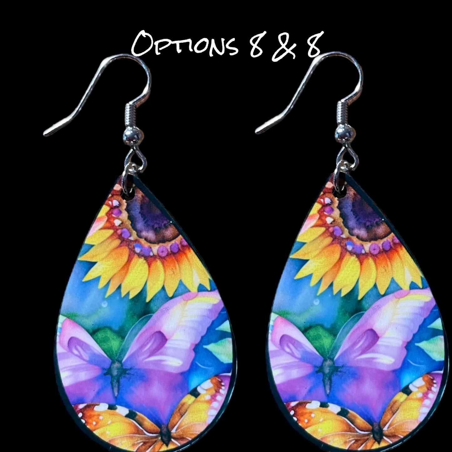 Customizable Sunflower and Butterfly Teardrop Earrings