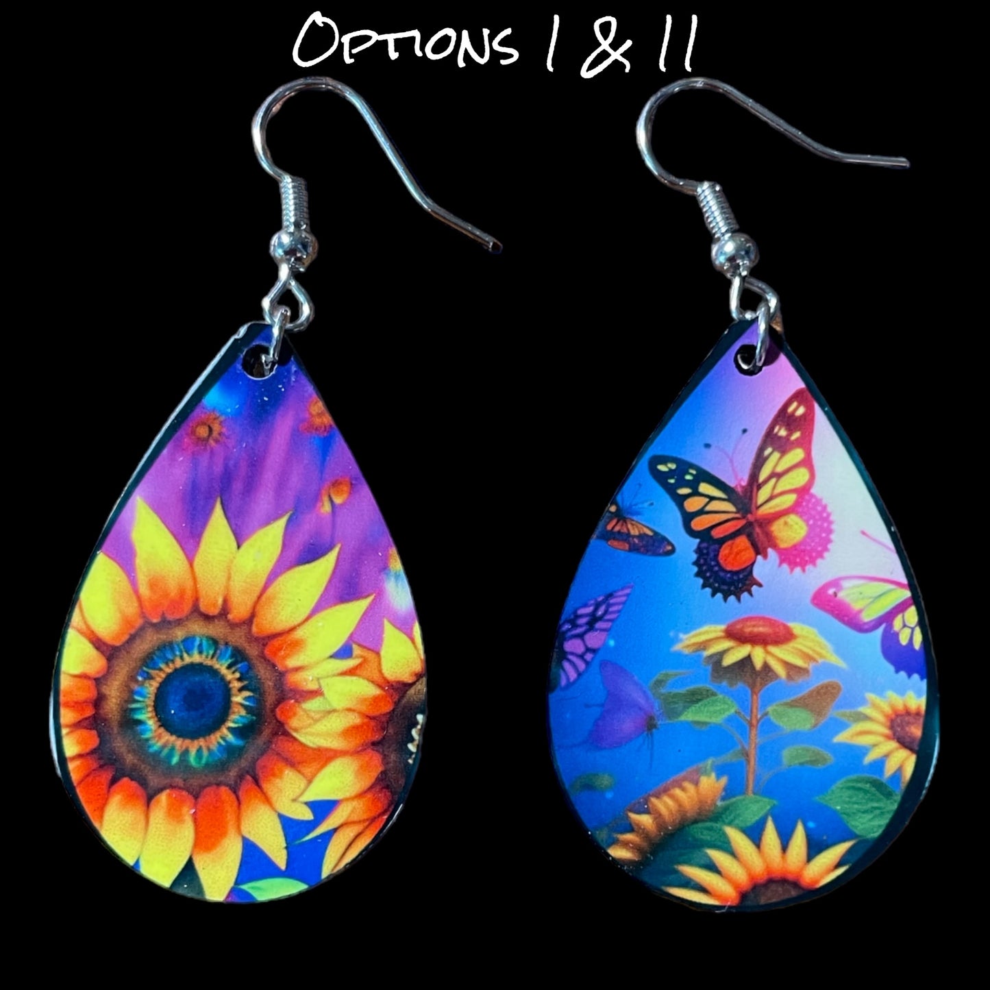 Customizable Sunflower and Butterfly Teardrop Earrings