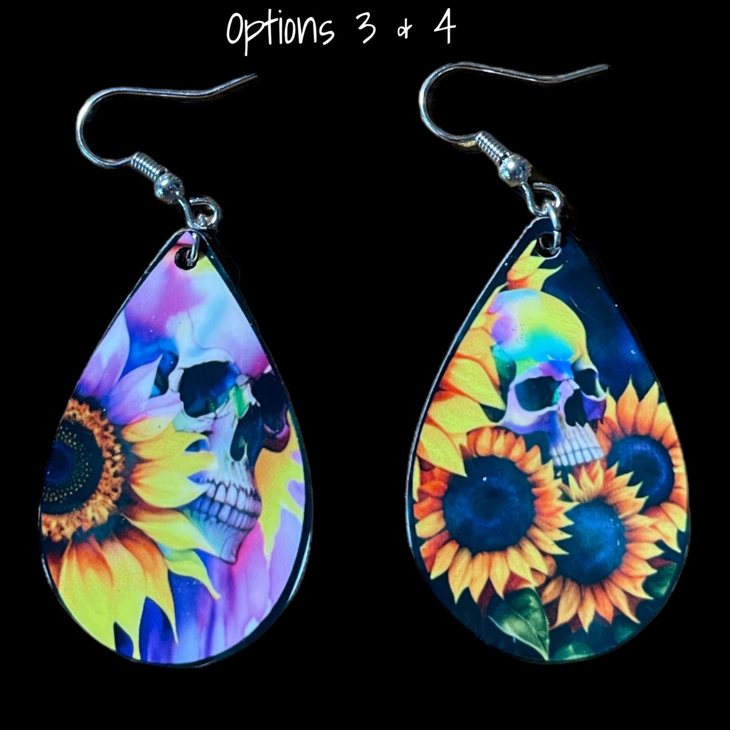 Customizable Skull and Sunflower Teardrop Earrings