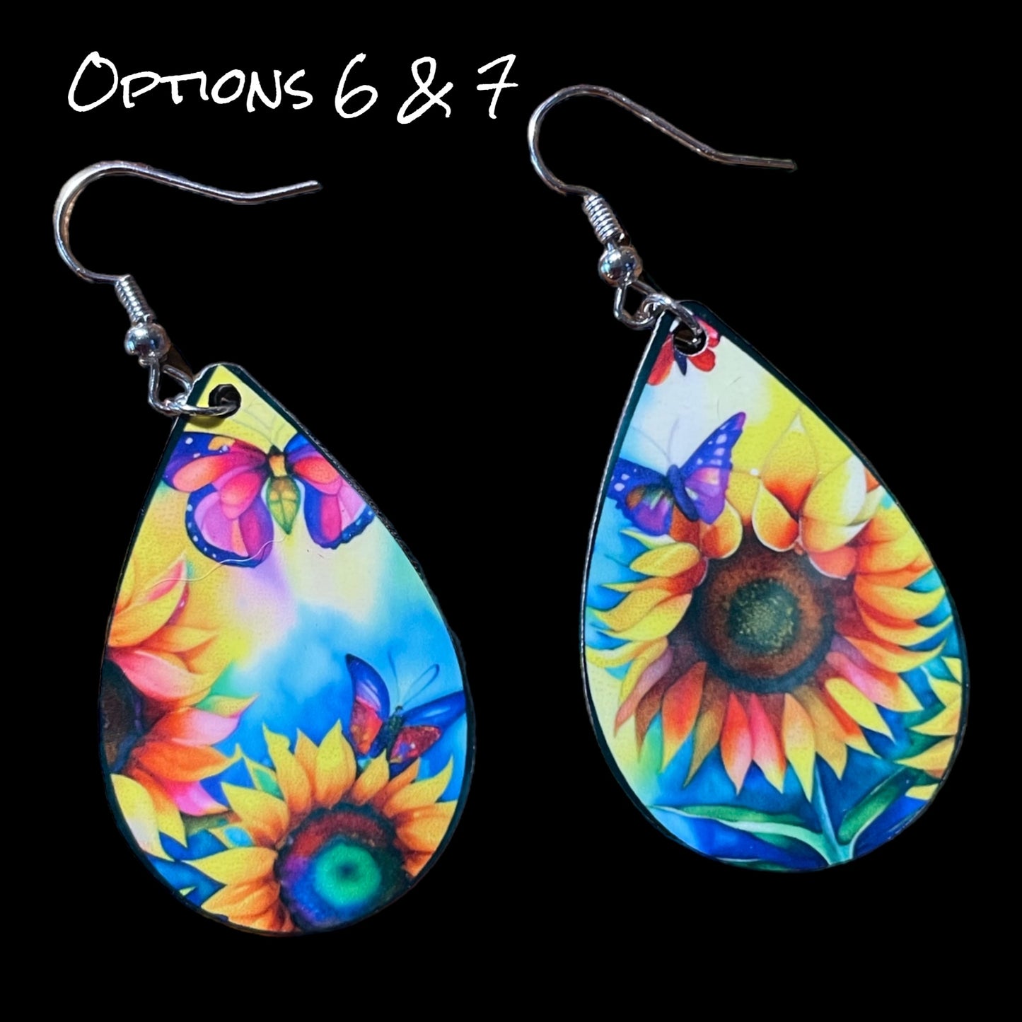 Customizable Sunflower and Butterfly Teardrop Earrings