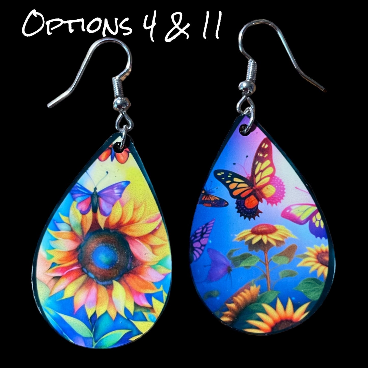 Customizable Sunflower and Butterfly Teardrop Earrings