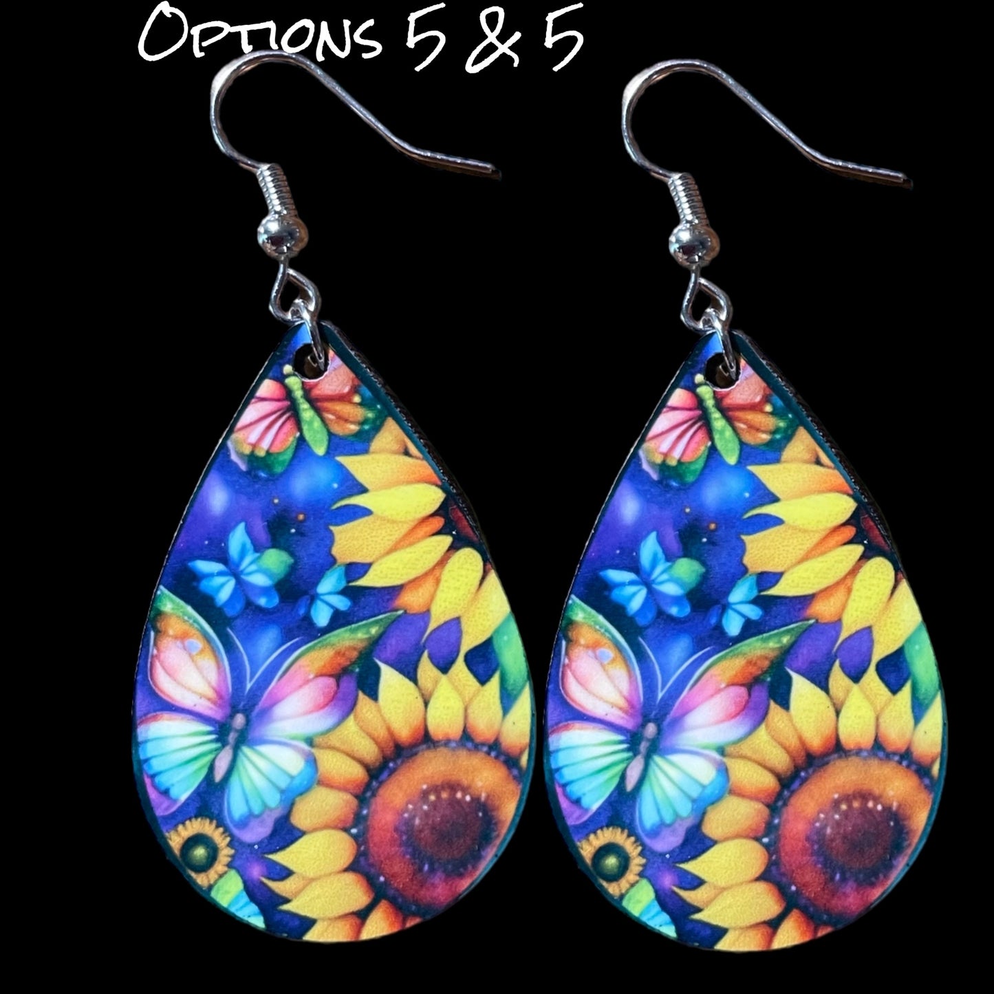 Customizable Sunflower and Butterfly Teardrop Earrings