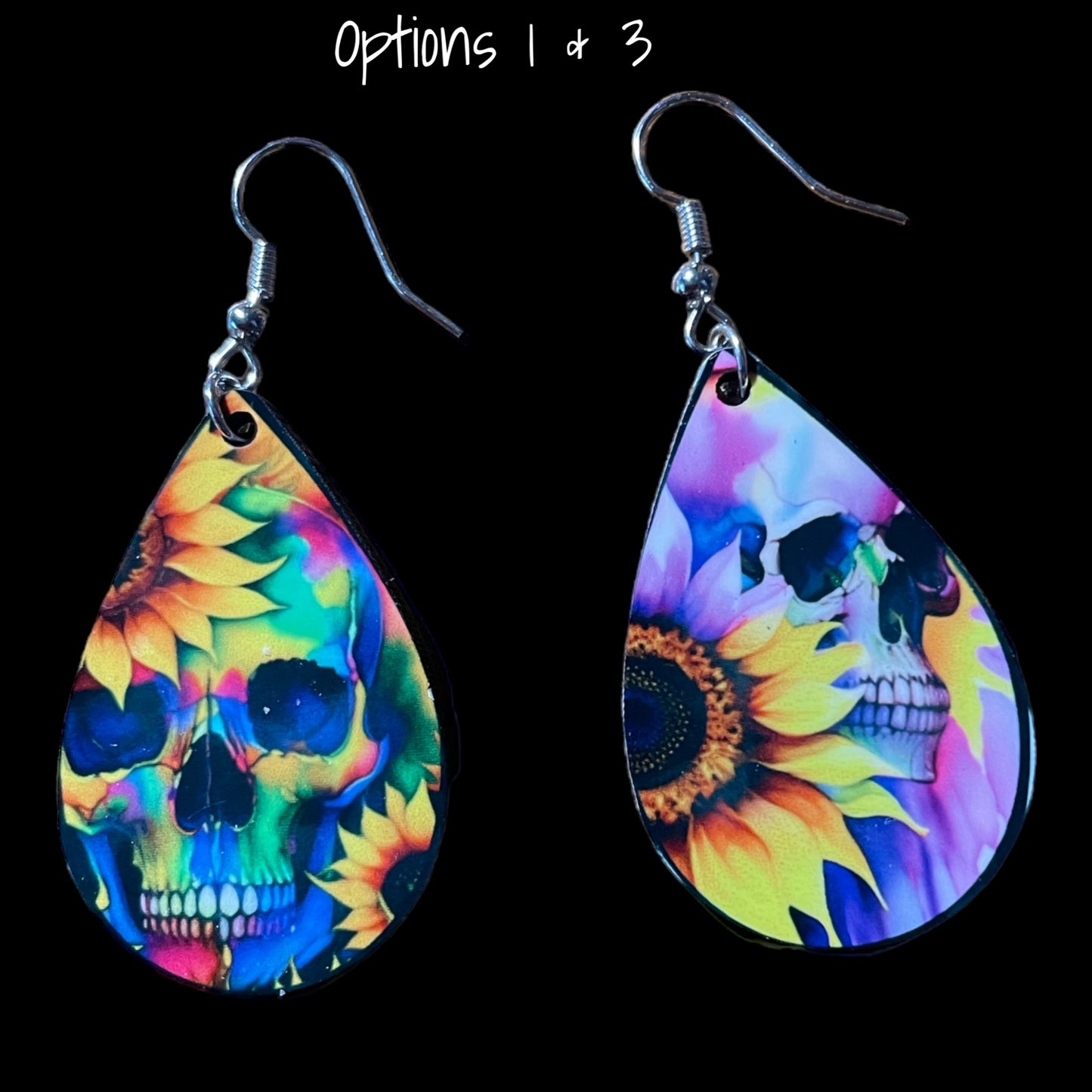 Customizable Skull and Sunflower Teardrop Earrings