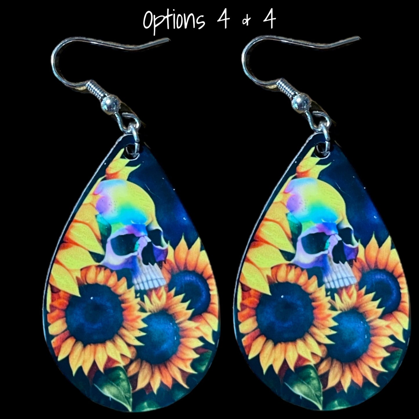 Customizable Skull and Sunflower Teardrop Earrings