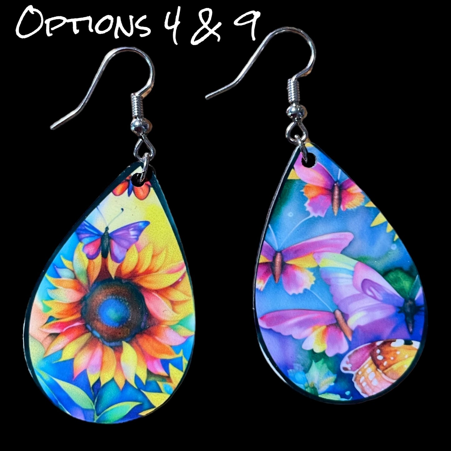 Customizable Sunflower and Butterfly Teardrop Earrings