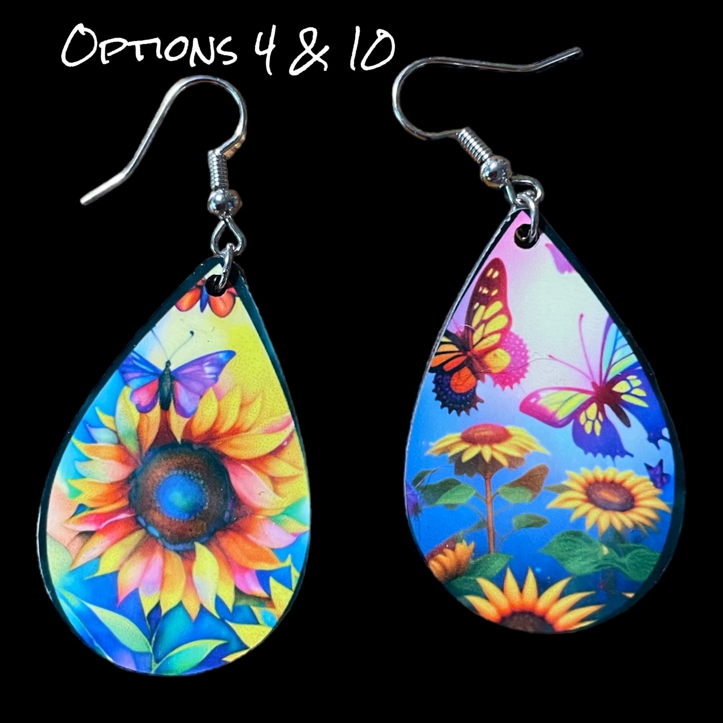 Customizable Sunflower and Butterfly Teardrop Earrings