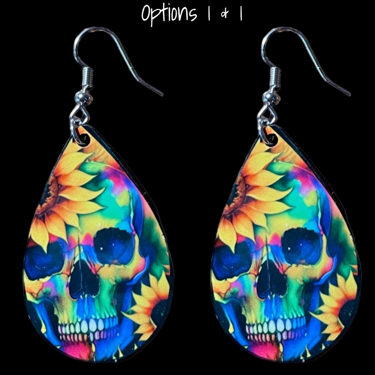 Customizable Skull and Sunflower Teardrop Earrings