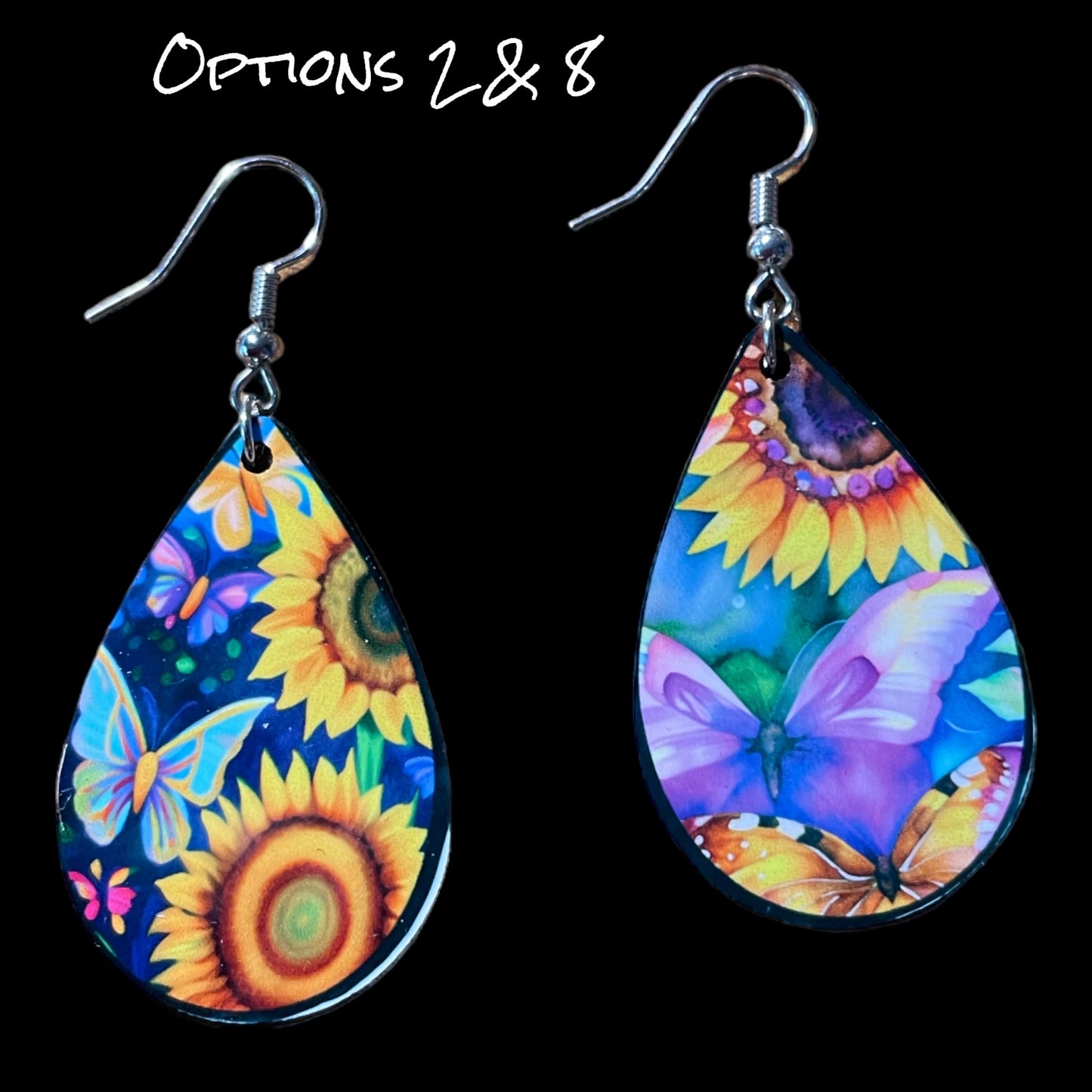 Customizable Sunflower and Butterfly Teardrop Earrings