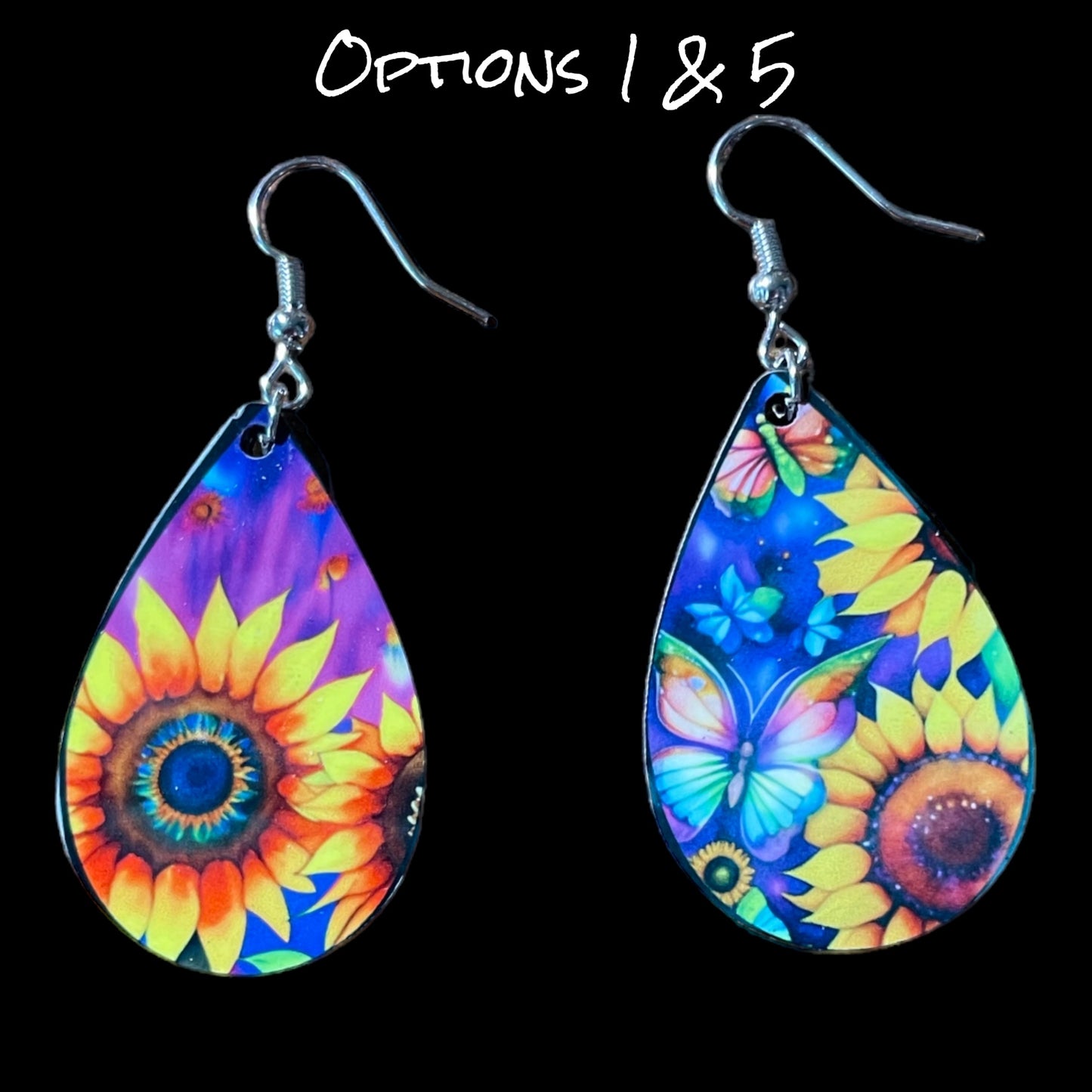 Customizable Sunflower and Butterfly Teardrop Earrings