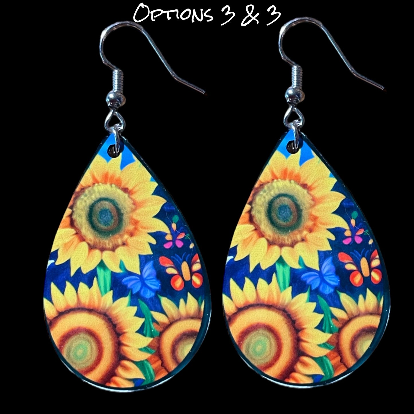 Customizable Sunflower and Butterfly Teardrop Earrings