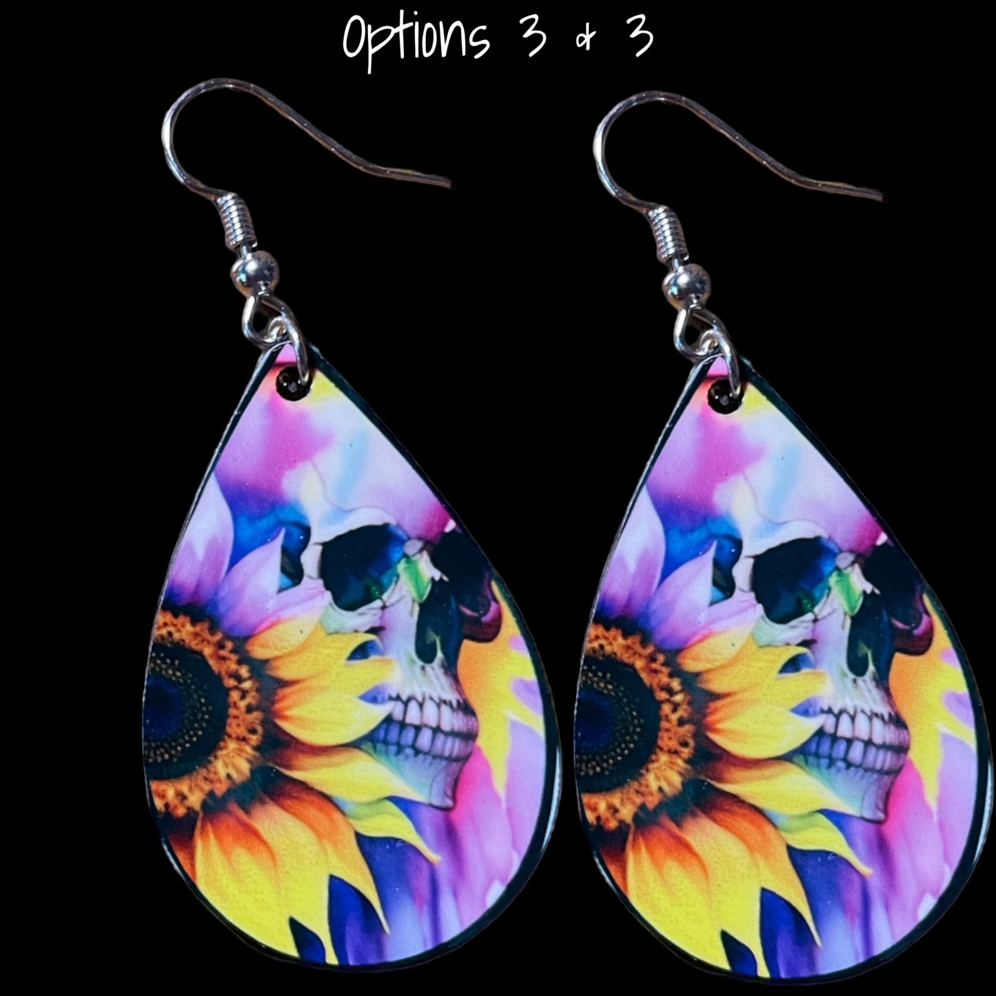 Customizable Skull and Sunflower Teardrop Earrings