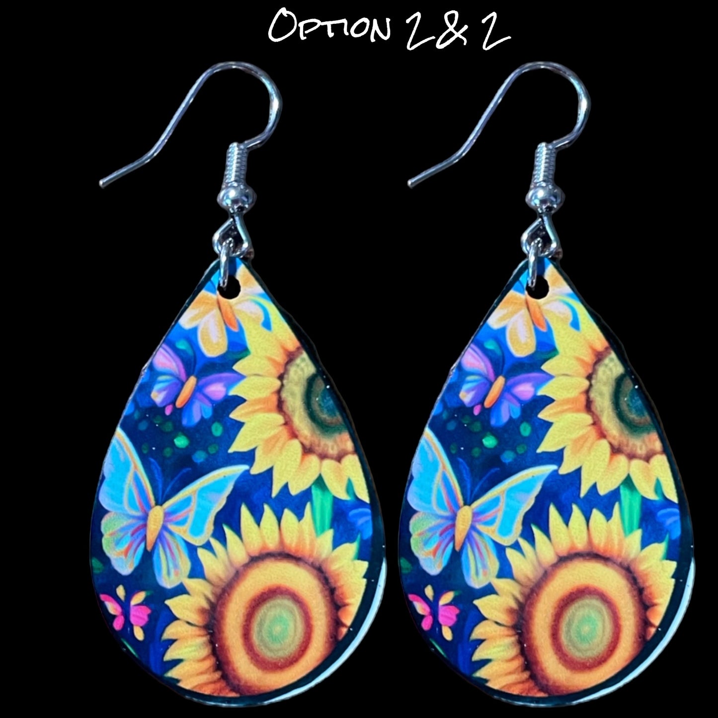 Customizable Sunflower and Butterfly Teardrop Earrings