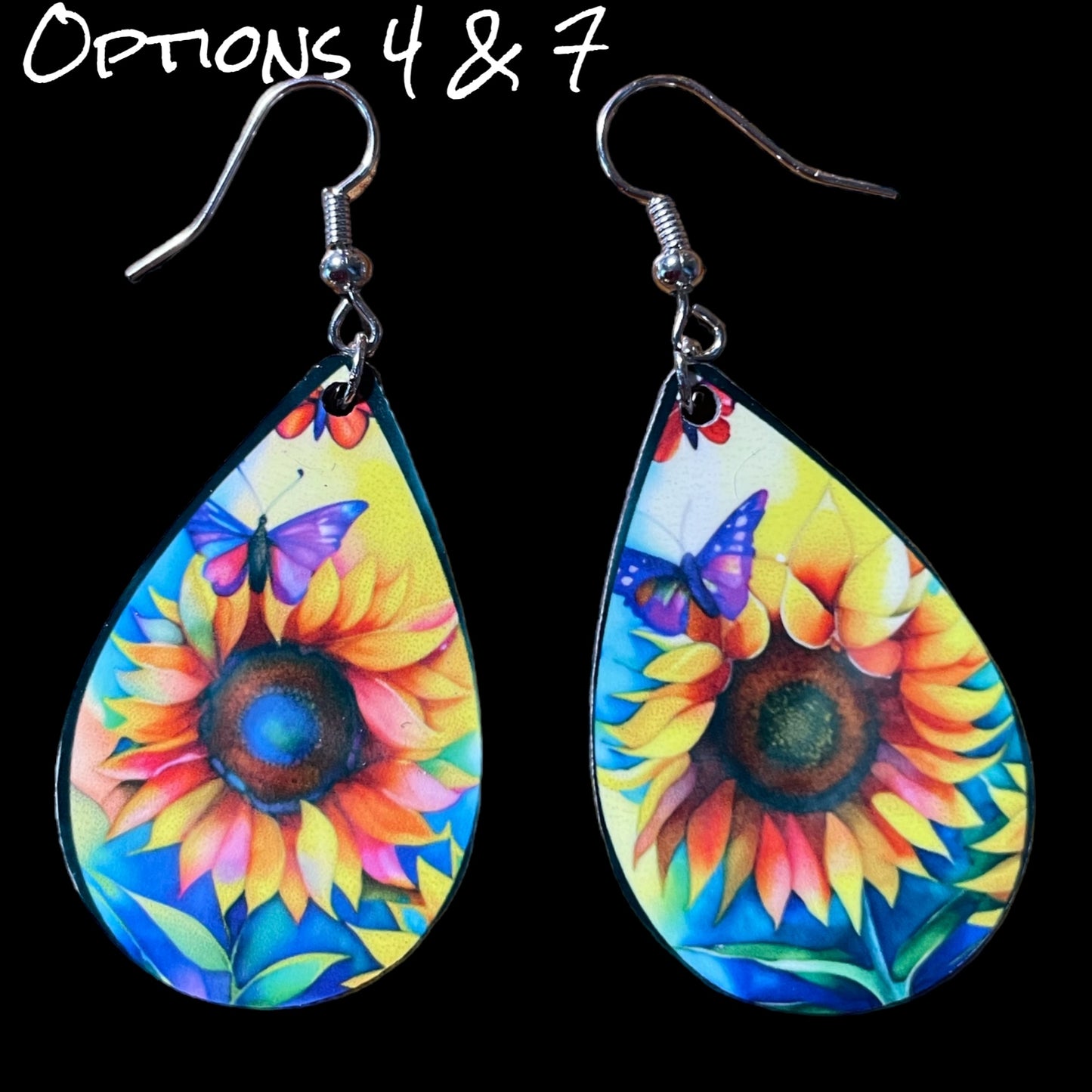 Customizable Sunflower and Butterfly Teardrop Earrings