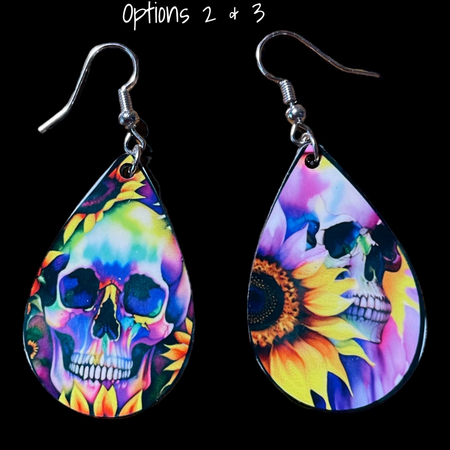 Customizable Skull and Sunflower Teardrop Earrings