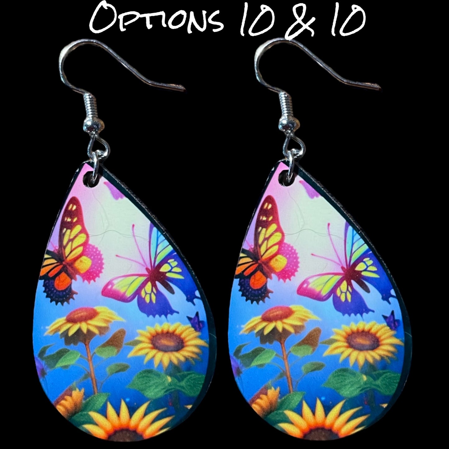 Customizable Sunflower and Butterfly Teardrop Earrings