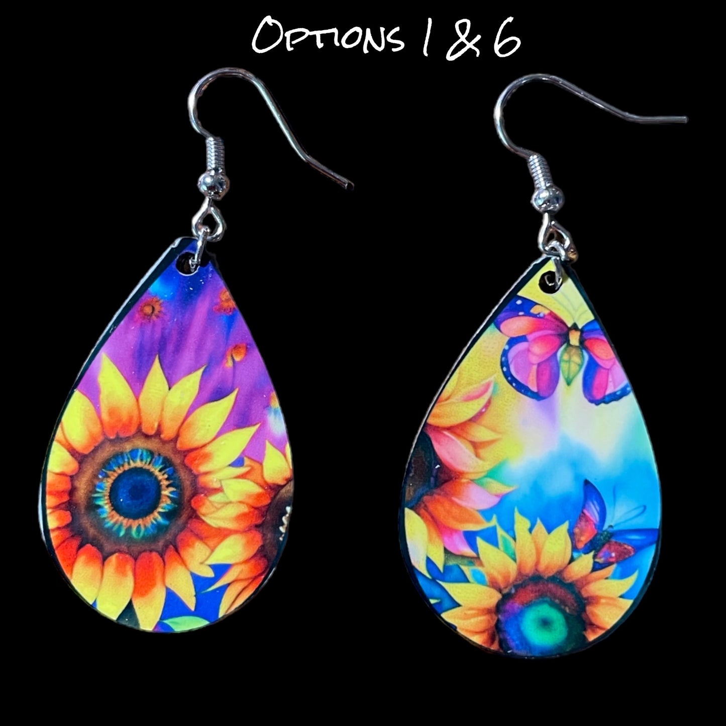 Customizable Sunflower and Butterfly Teardrop Earrings