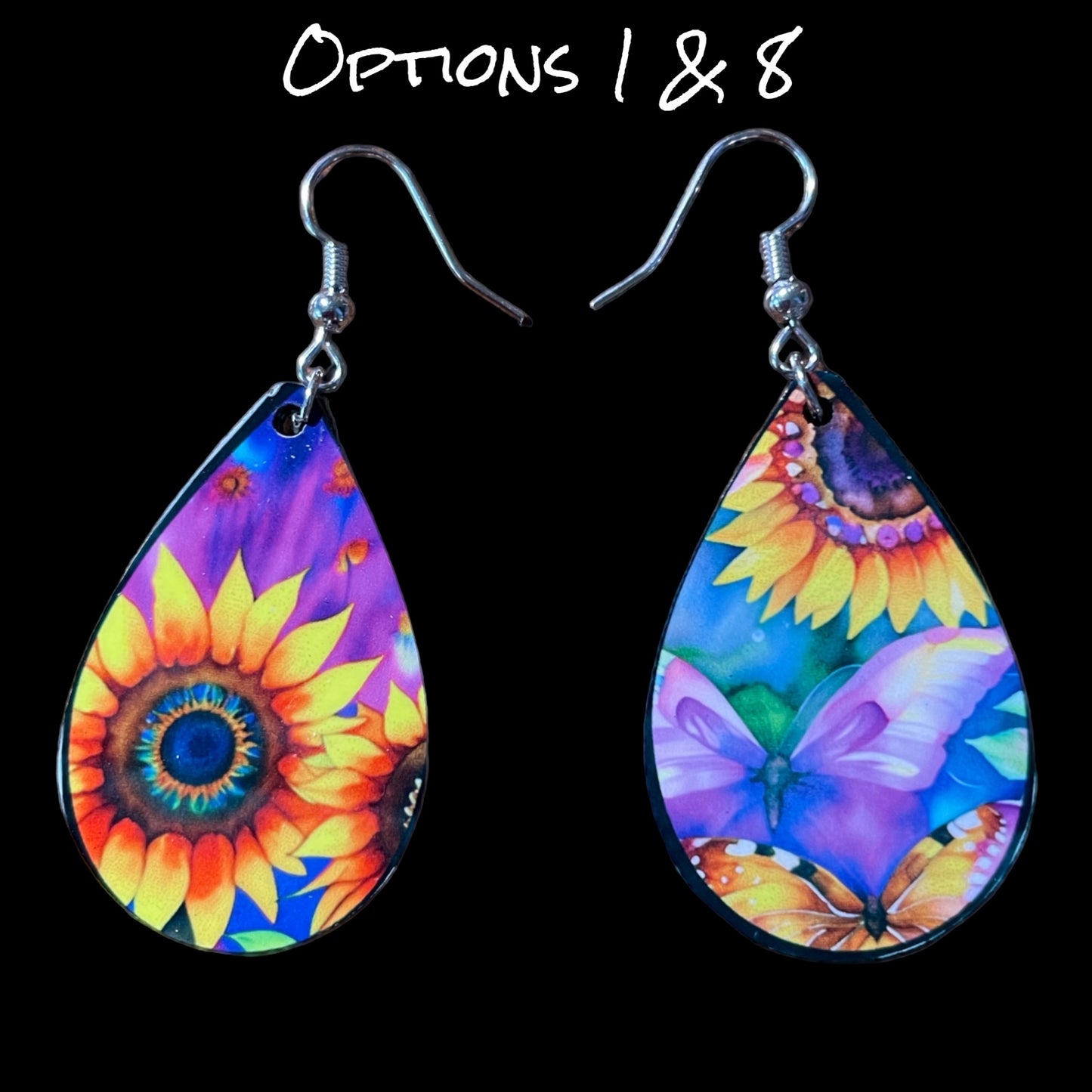 Customizable Sunflower and Butterfly Teardrop Earrings