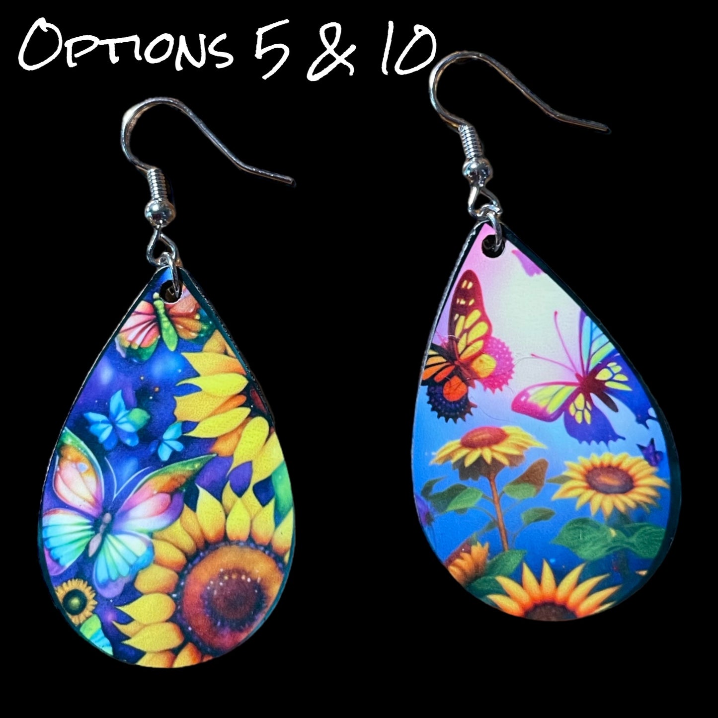 Customizable Sunflower and Butterfly Teardrop Earrings