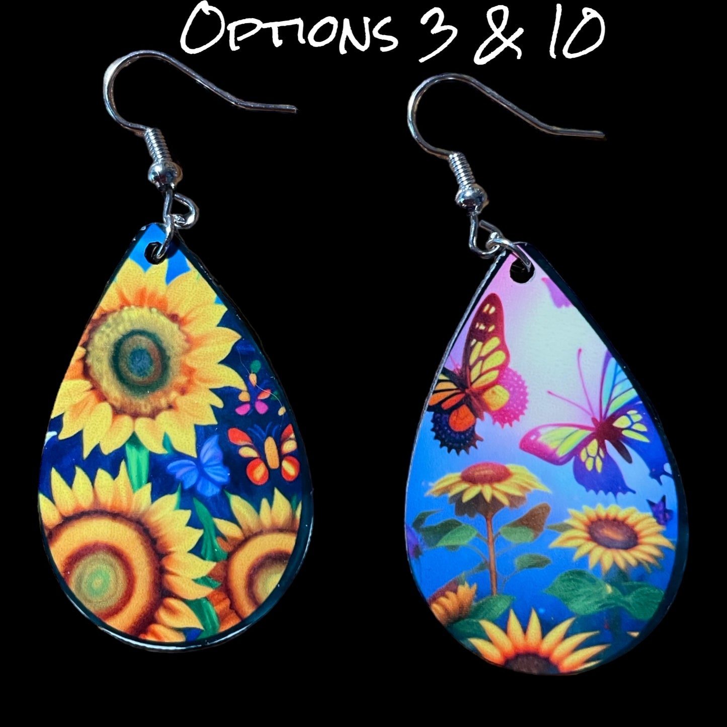 Customizable Sunflower and Butterfly Teardrop Earrings