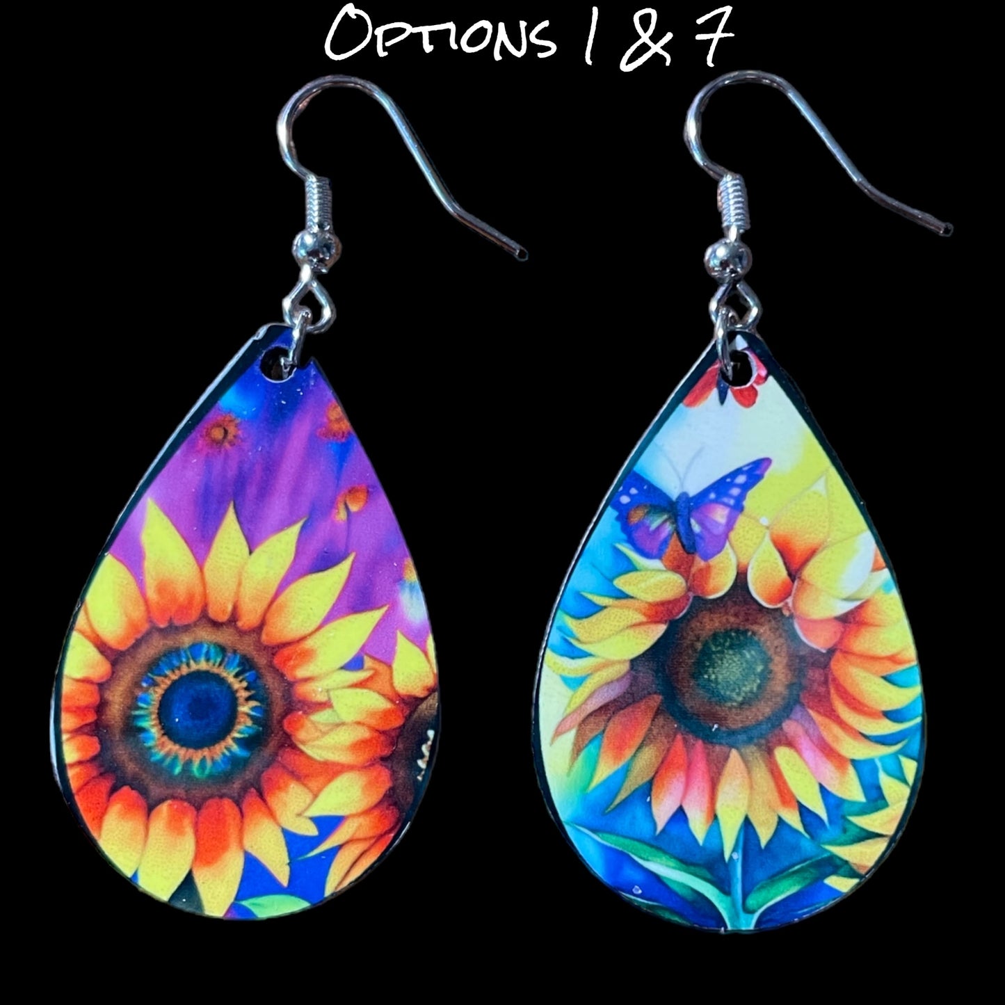 Customizable Sunflower and Butterfly Teardrop Earrings