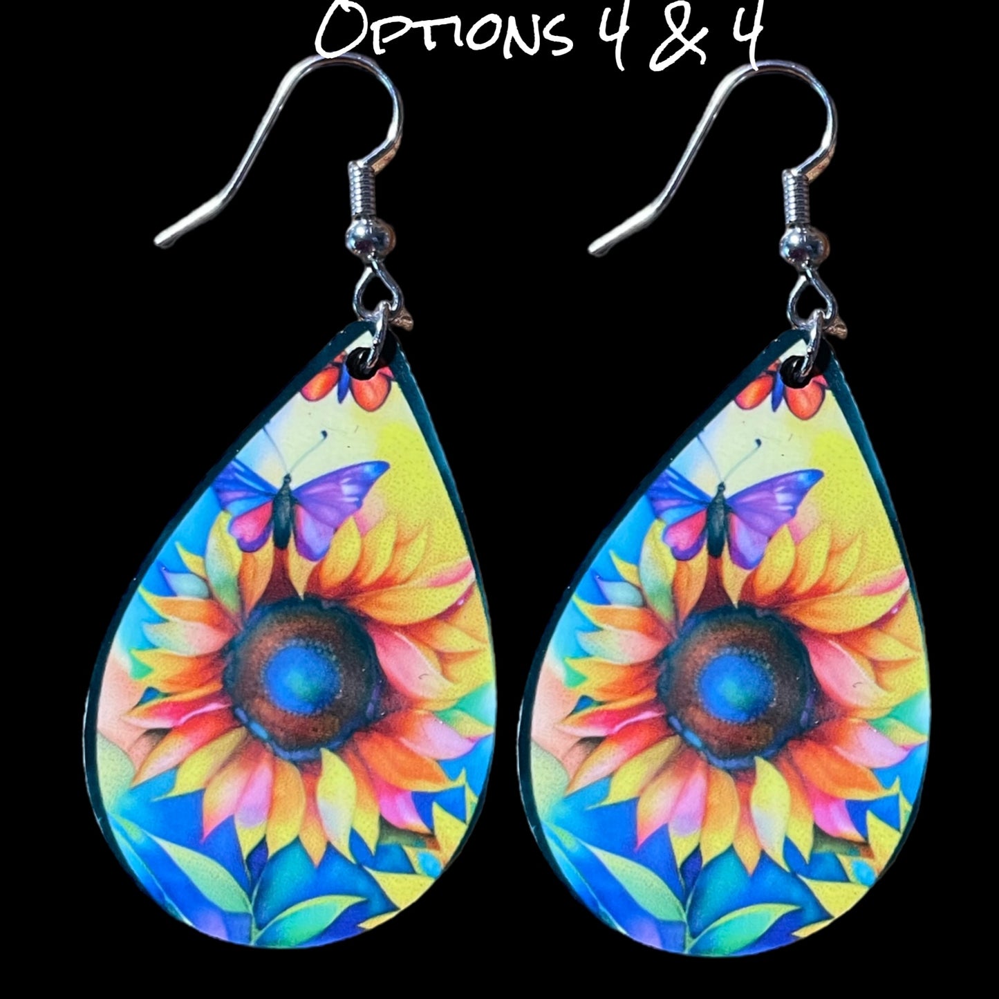 Customizable Sunflower and Butterfly Teardrop Earrings