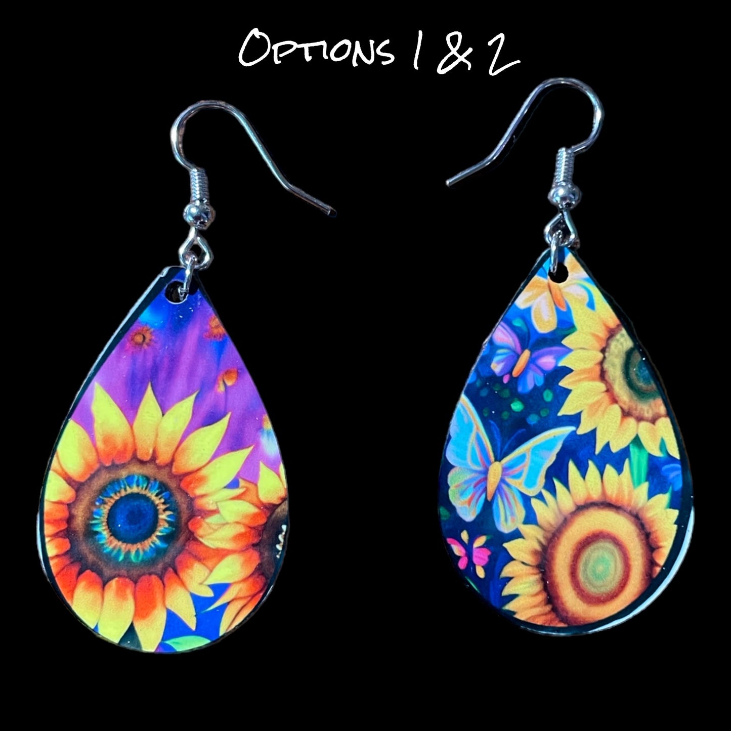 Customizable Sunflower and Butterfly Teardrop Earrings