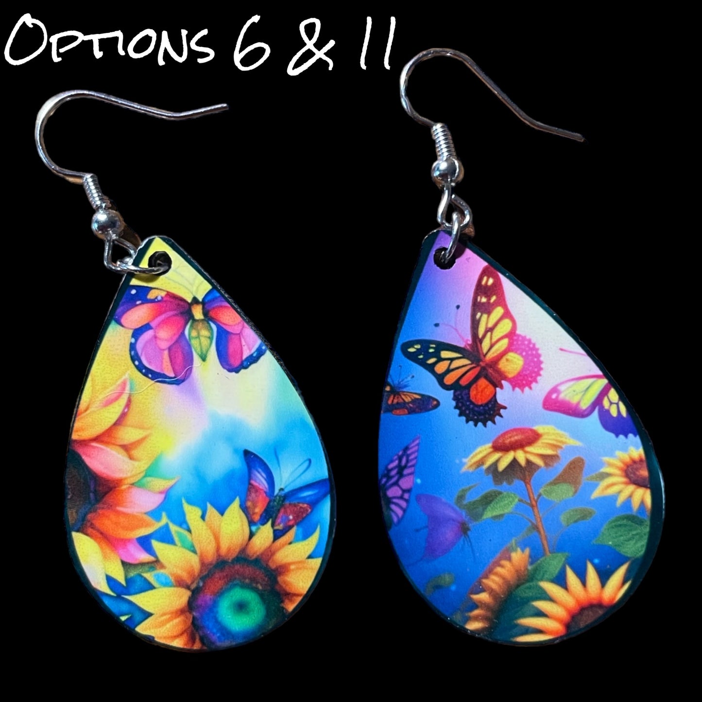 Customizable Sunflower and Butterfly Teardrop Earrings