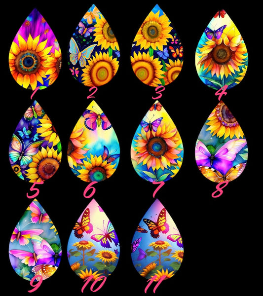 Customizable Sunflower and Butterfly Teardrop Earrings