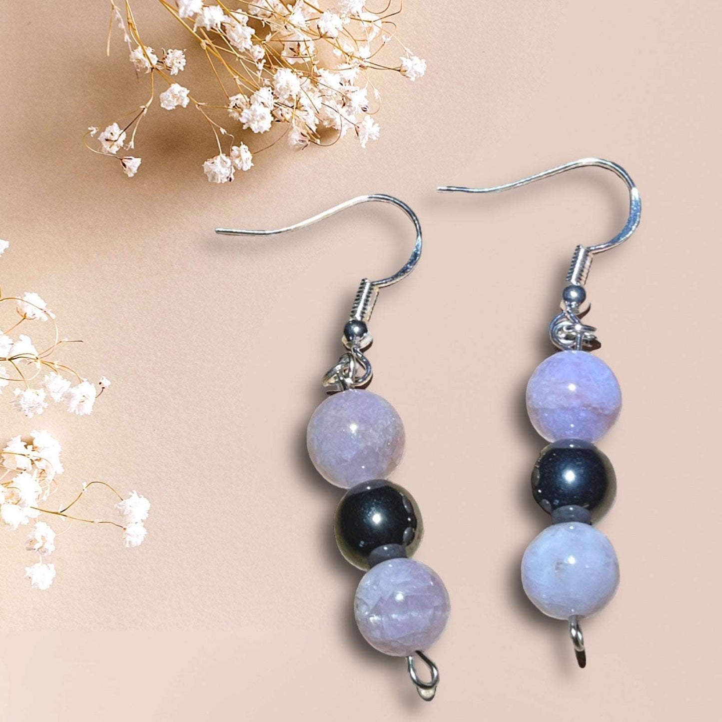 Kunzite and Hematite Dangle Earrings