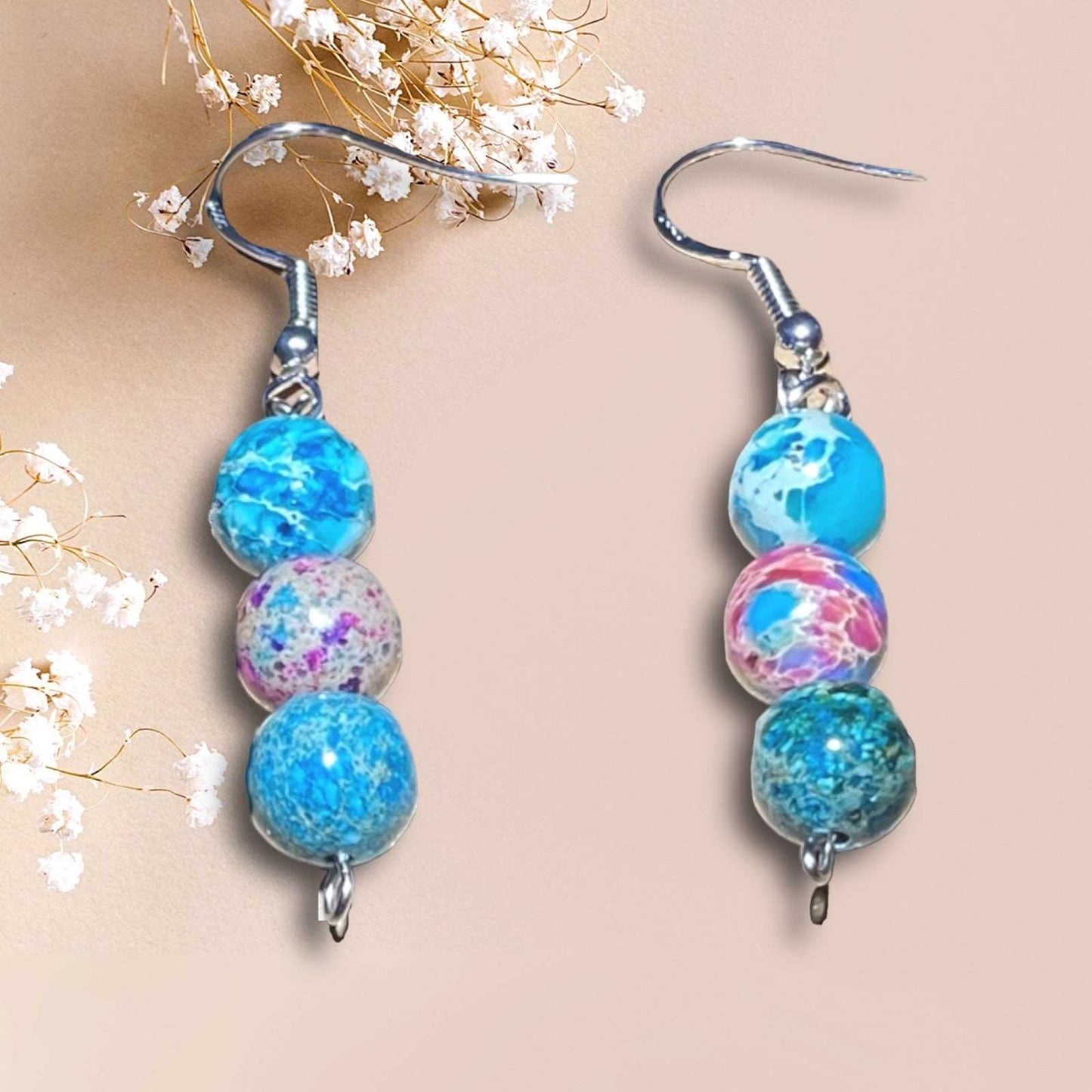 Rainbow and Blue Sea Sediment Jasper Dangle Earrings