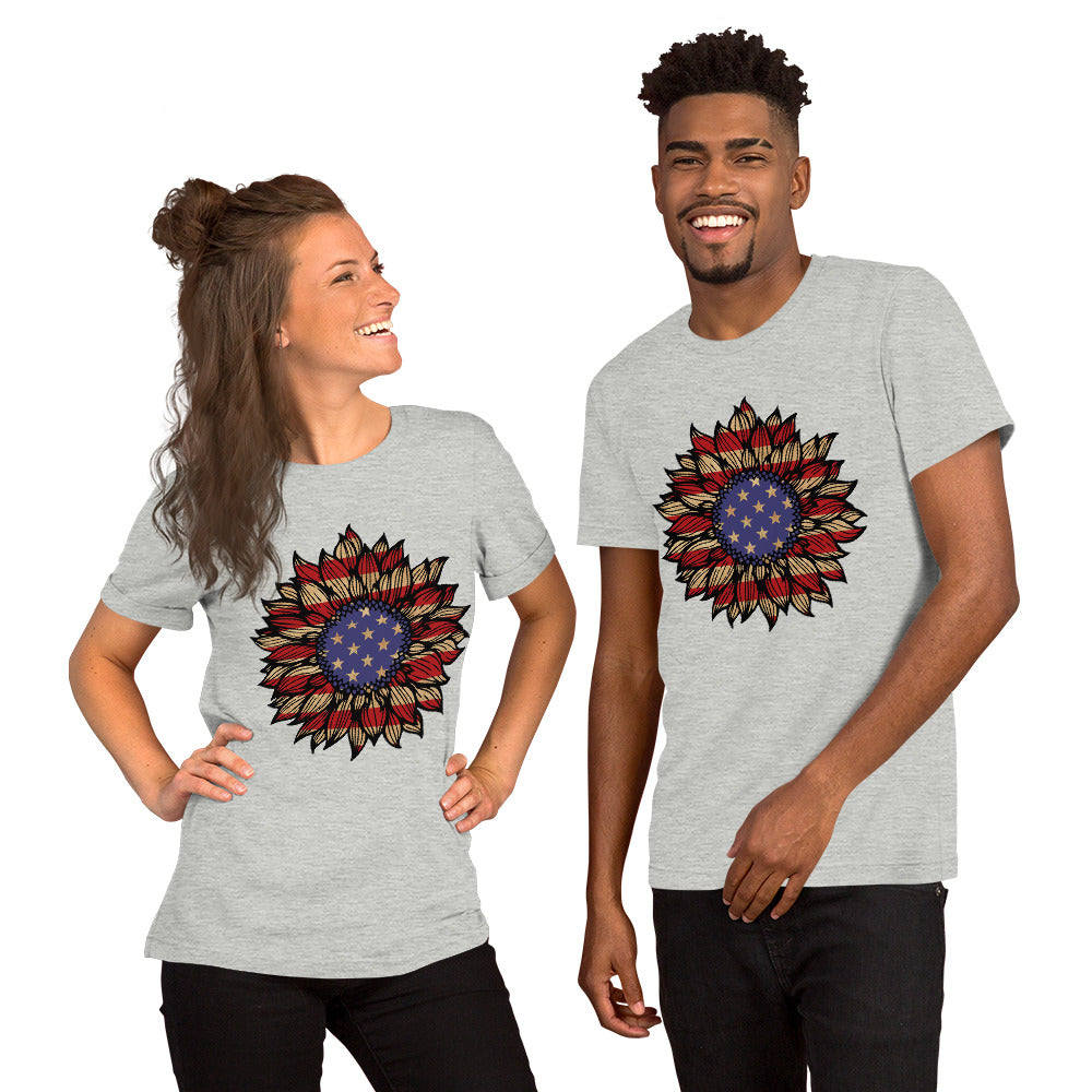 American Flag Sunflower Unisex t-shirt-A Harmonious Blend of Nature's Beauty and Patriotism!