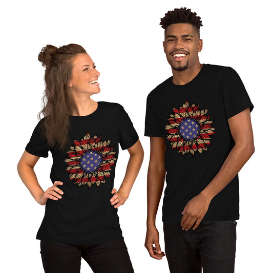 American Flag Sunflower Unisex t-shirt-A Harmonious Blend of Nature's Beauty and Patriotism!