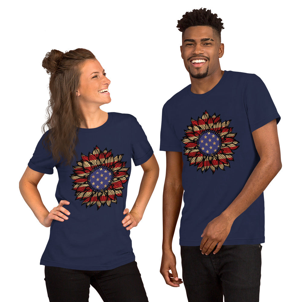 American Flag Sunflower Unisex t-shirt-A Harmonious Blend of Nature's Beauty and Patriotism!