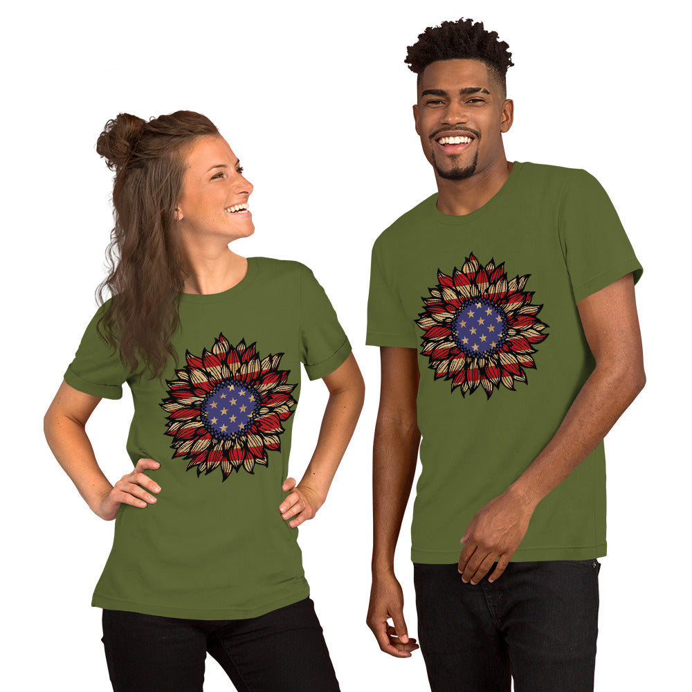 American Flag Sunflower Unisex t-shirt-A Harmonious Blend of Nature's Beauty and Patriotism!