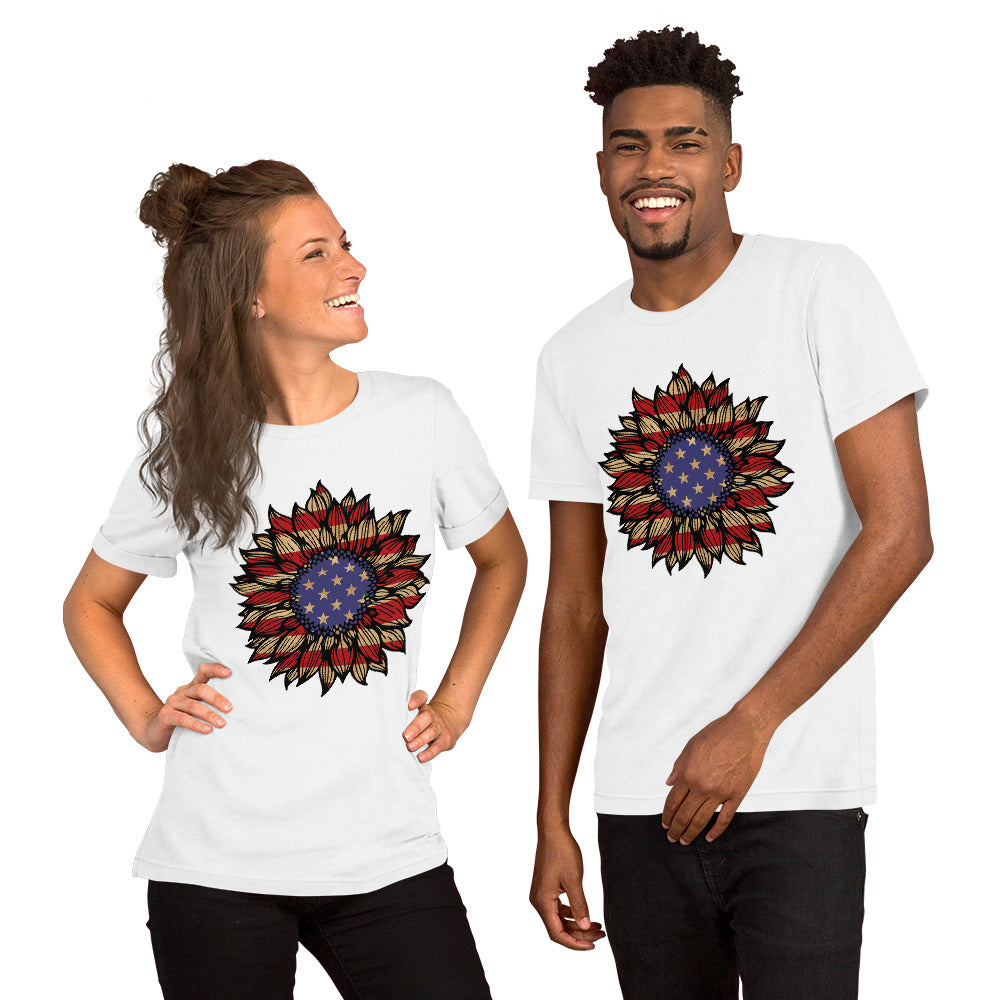 American Flag Sunflower Unisex t-shirt-A Harmonious Blend of Nature's Beauty and Patriotism!