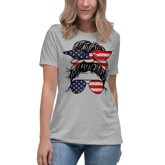 Patriotic Messy Bun Women's Relaxed T-Shirt