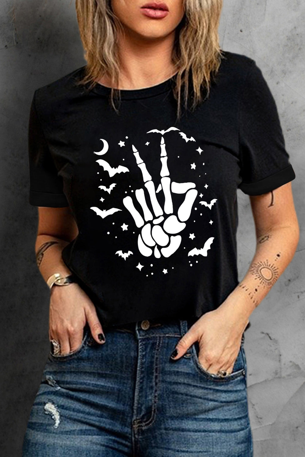 Skeleton Hand Round Neck Short Sleeve Graphic T-Shirt