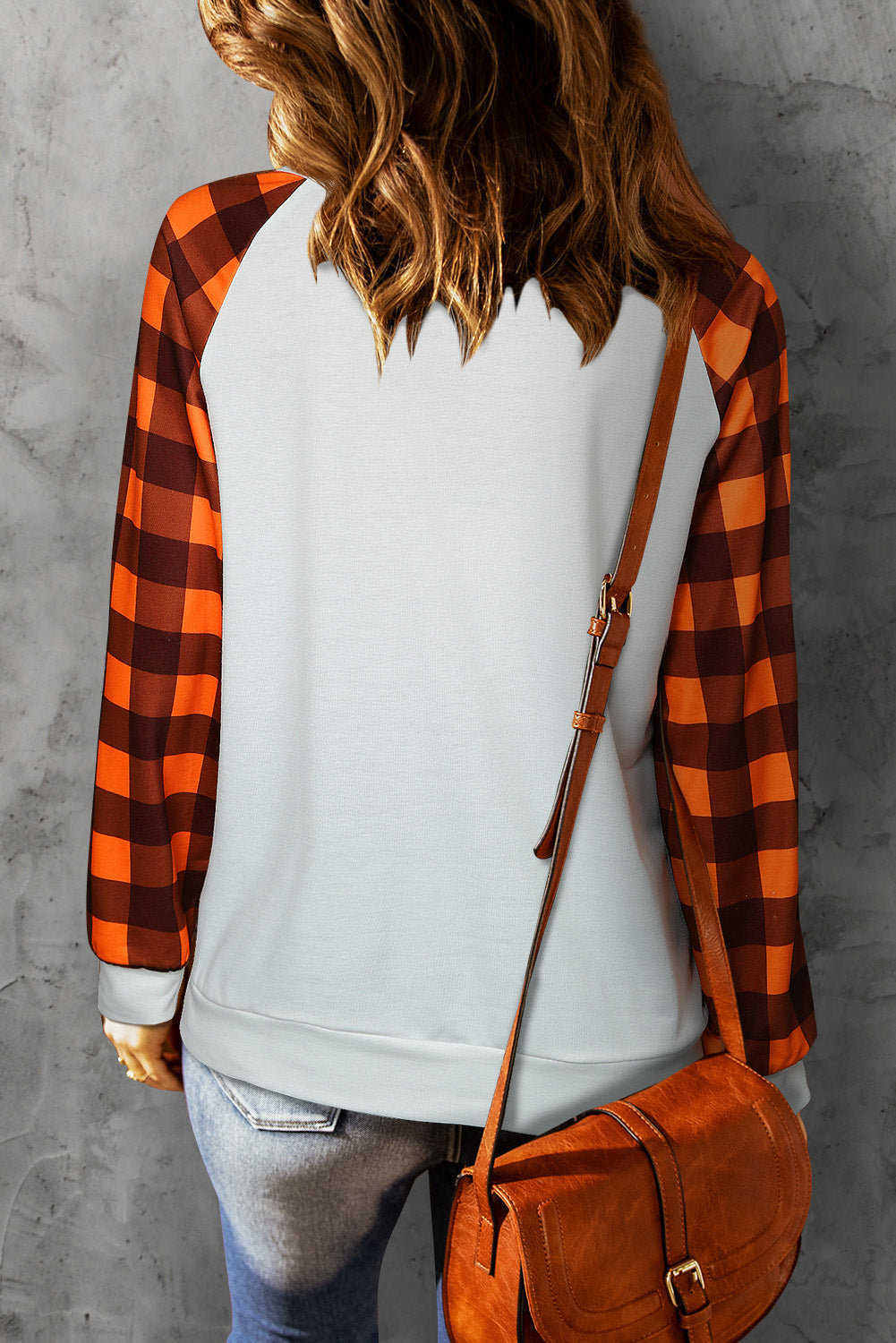 Pumpkin Graphic Round Neck Long Plaid Sleeve Tee