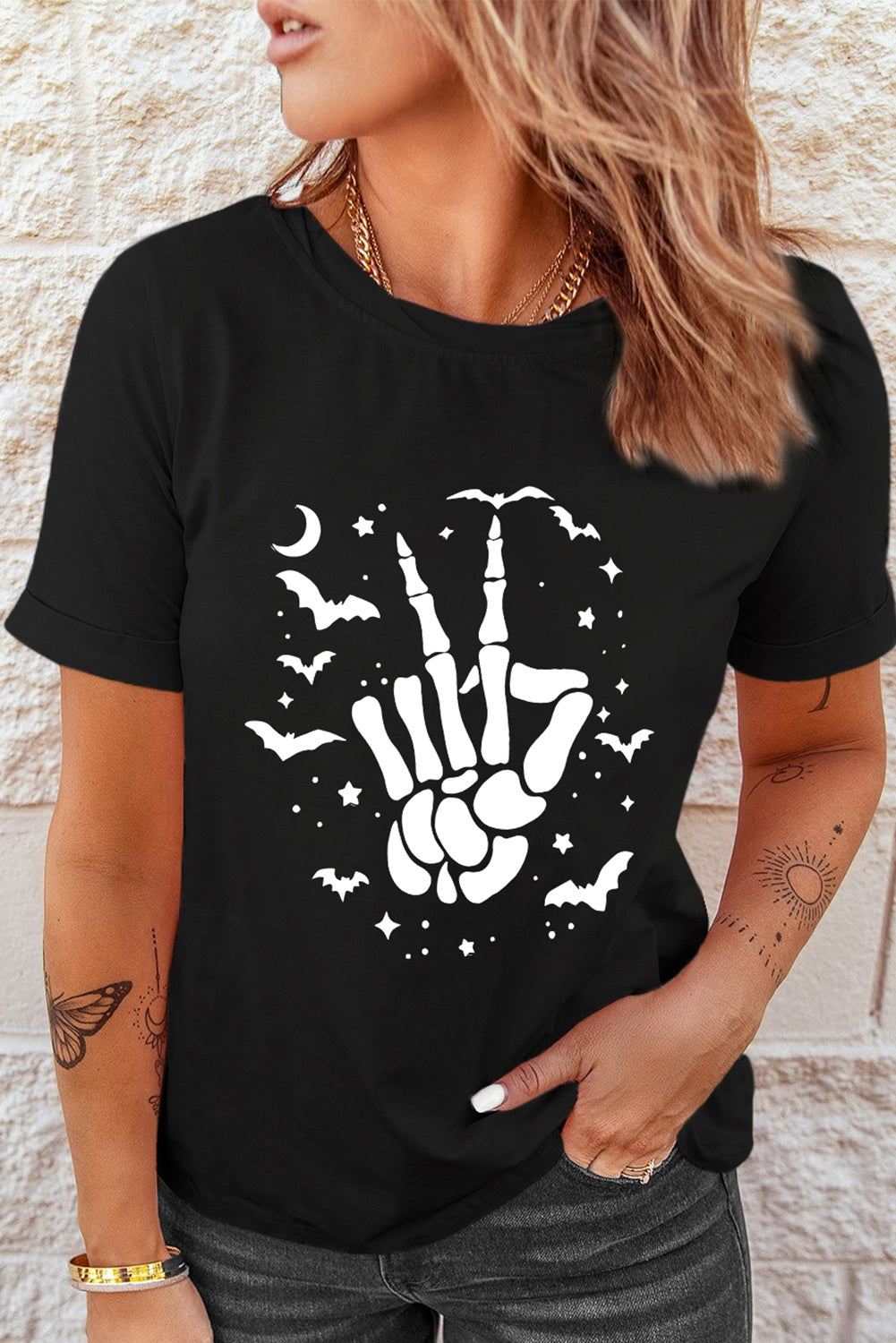 Skeleton Hand Round Neck Short Sleeve Graphic T-Shirt